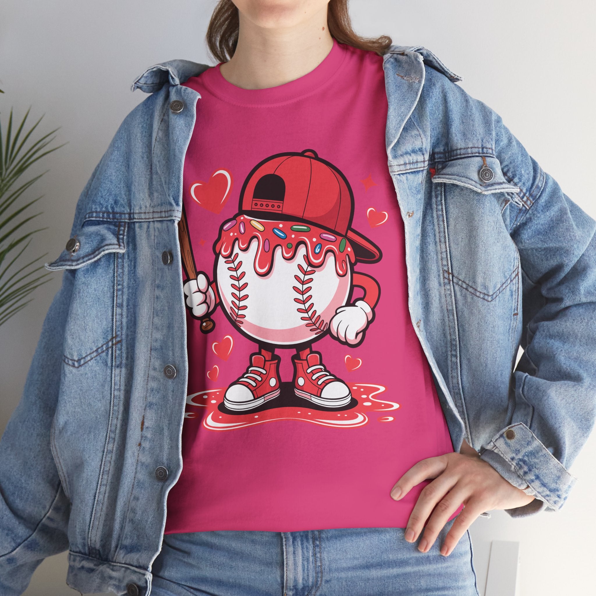 Cute Baseball Character T-Shirt — Red Cap & Icing Top Graphic with Hearts Unisex Cotton Tee