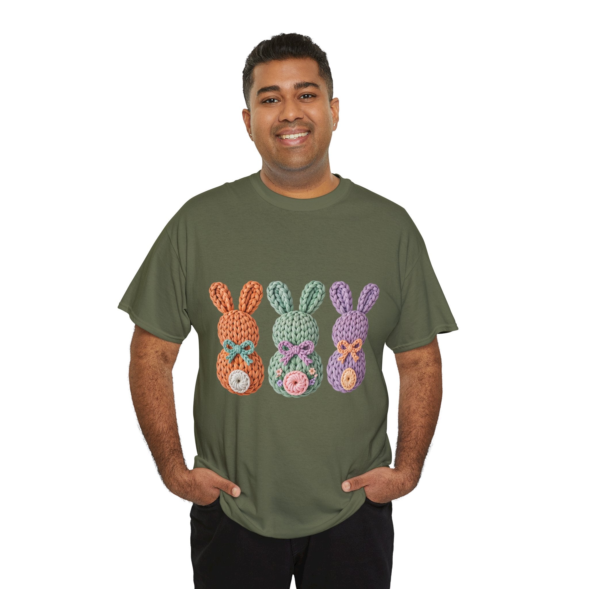 Pastel Crochet Bunny Tee — Trio of Faux Knit Bunnies with Bows & Flowers Unisex Cotton Tee