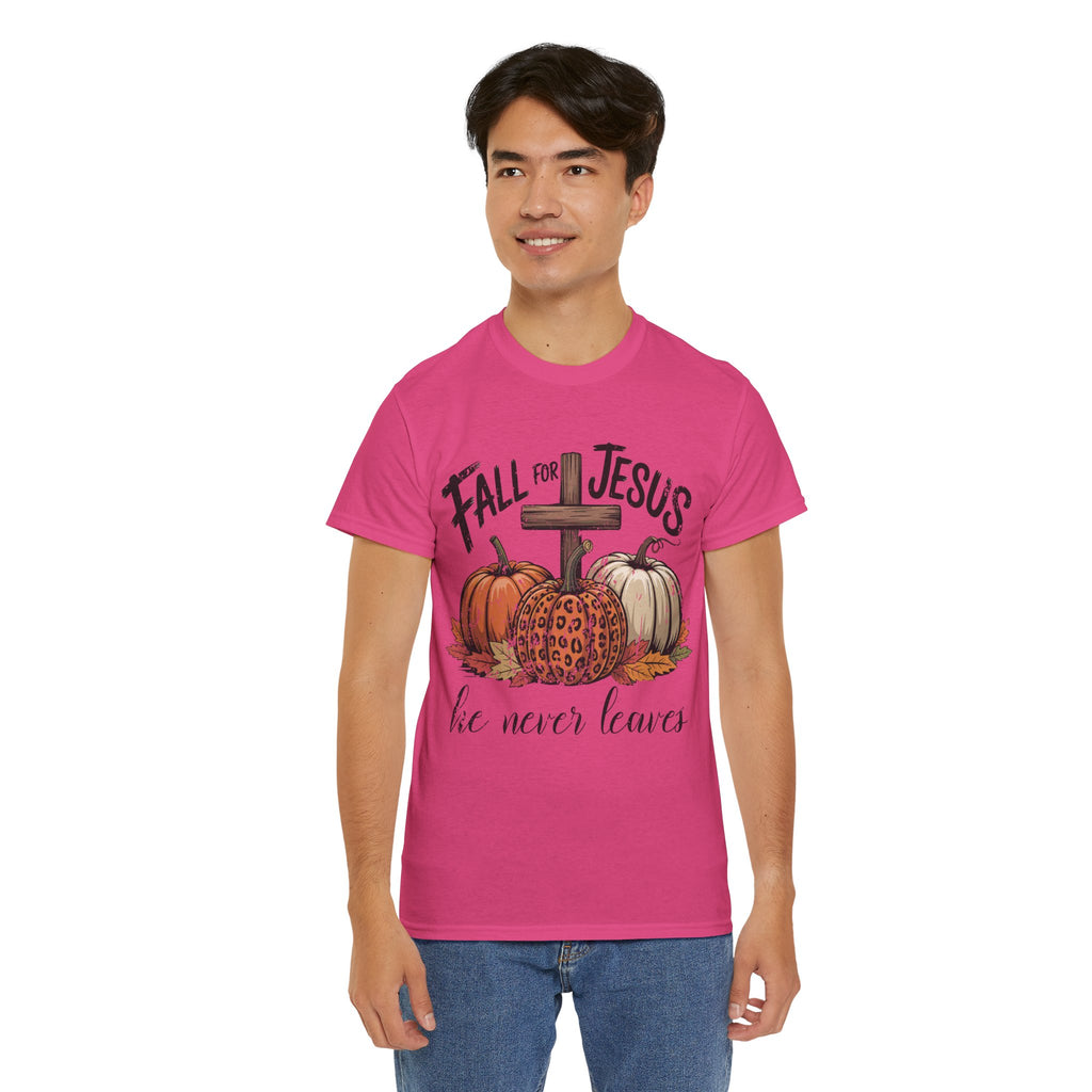 Fall for Jesus Pumpkin Cross Tee — "He Never Leaves" Autumn Christian Unisex Cotton T-Shirt