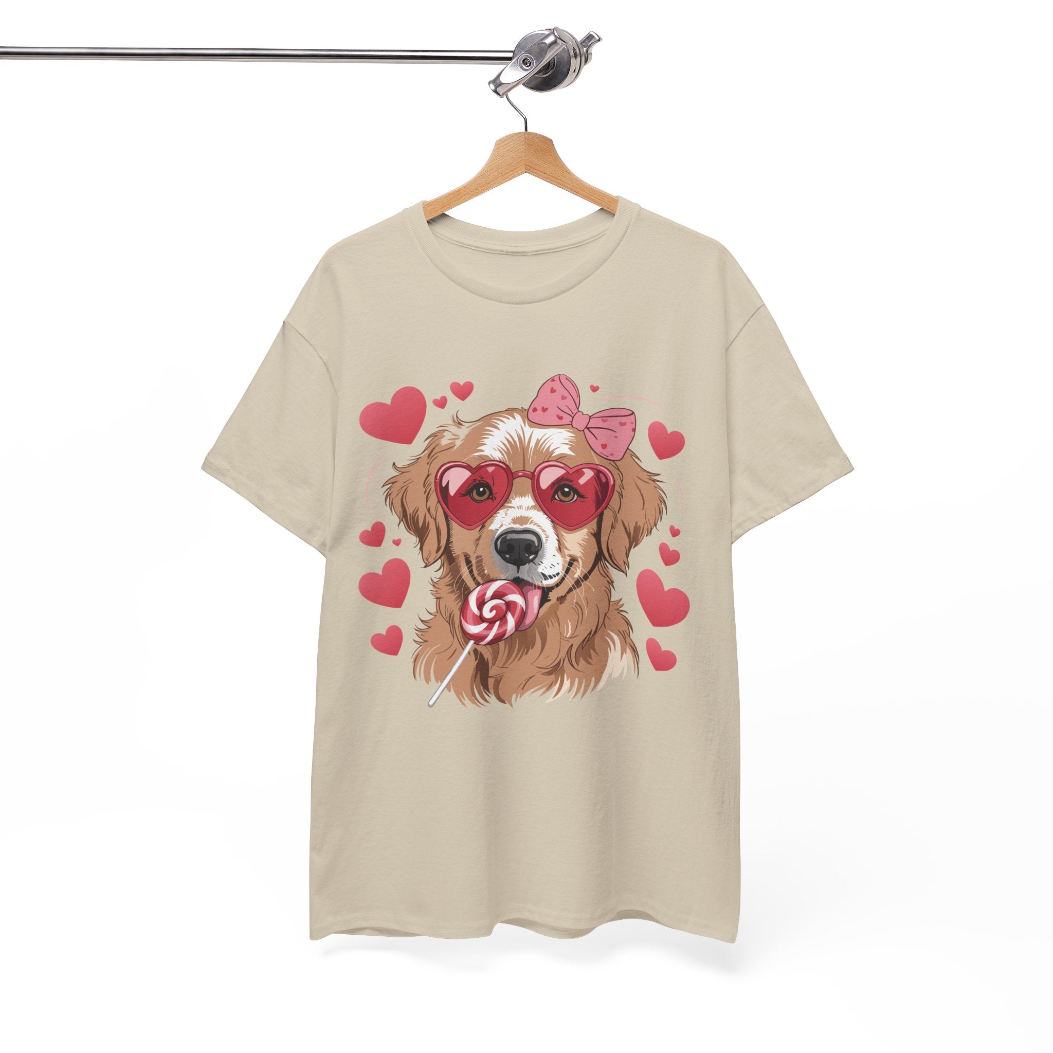 Valentine Dog T-Shirt — Cute Pup with Heart Glasses, Pink Bow & Lollipop..Unisex Cotton Tee