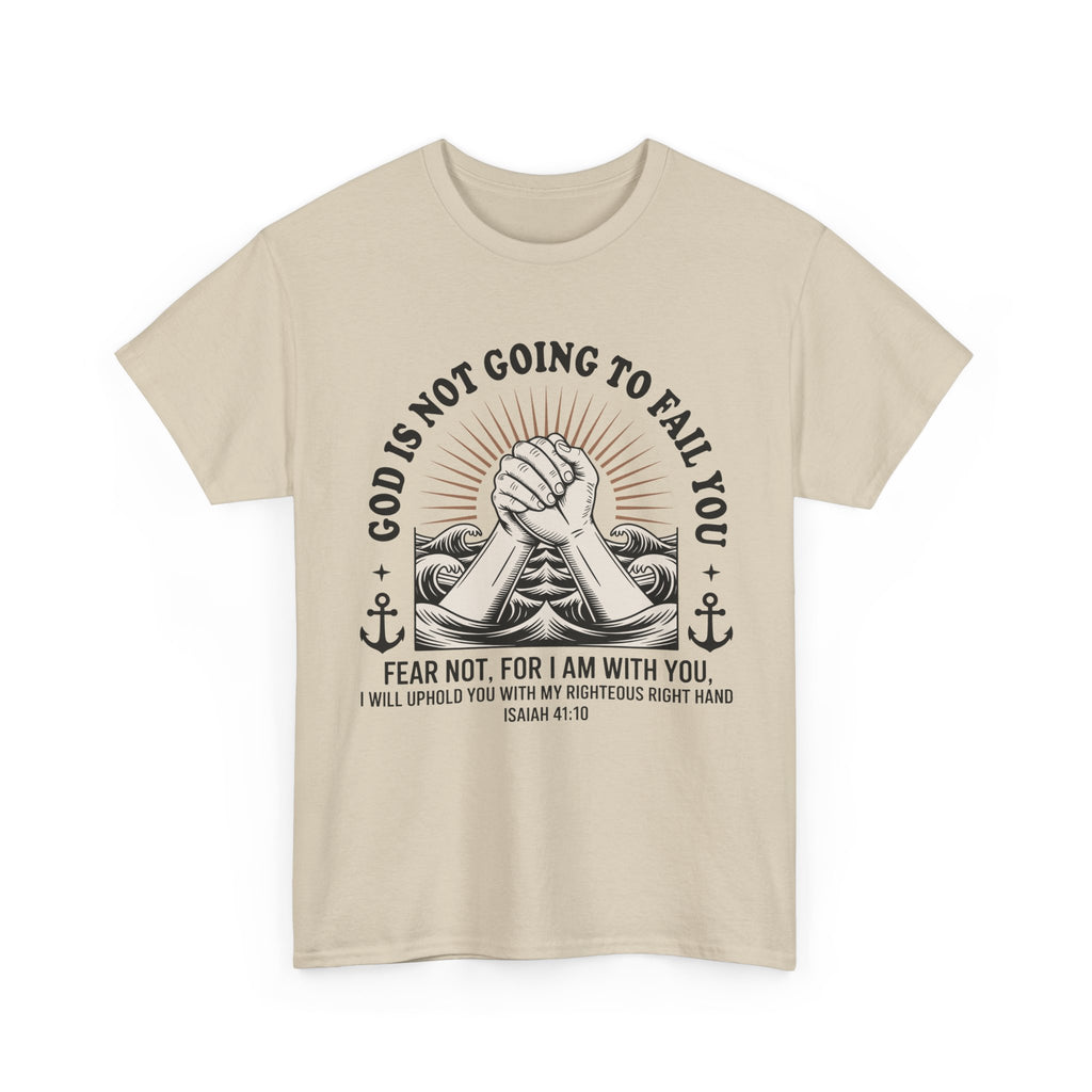 Isaiah 41:10 "Fear Not, For I Am With You" T-Shirt — Clasped Hands Rising from Waves Christian Unisex Cotton Tee