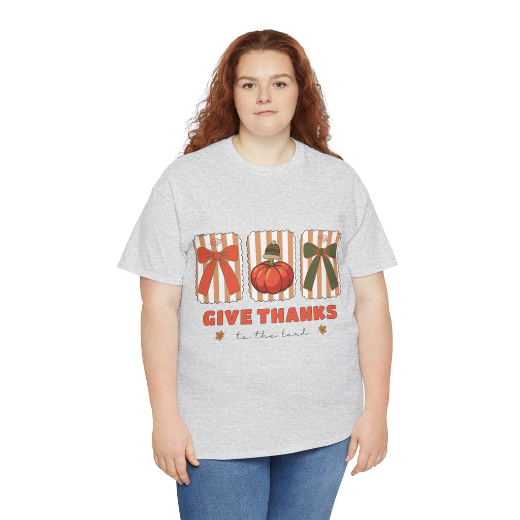 Give Thanks Thanksgiving T-Shirt — Pumpkin with Hat & Bows Unisex Cotton Tee