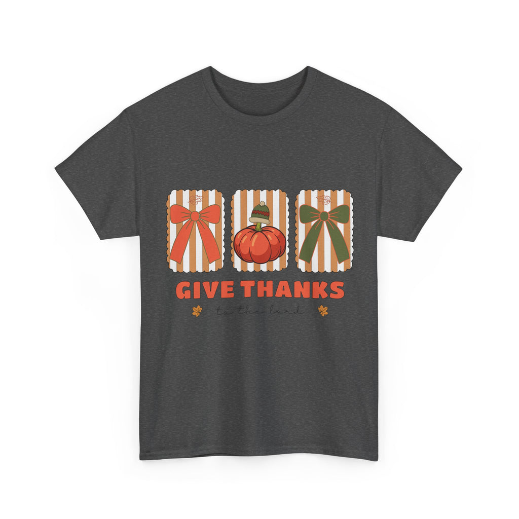 Give Thanks Thanksgiving T-Shirt — Pumpkin with Hat & Bows Unisex Cotton Tee