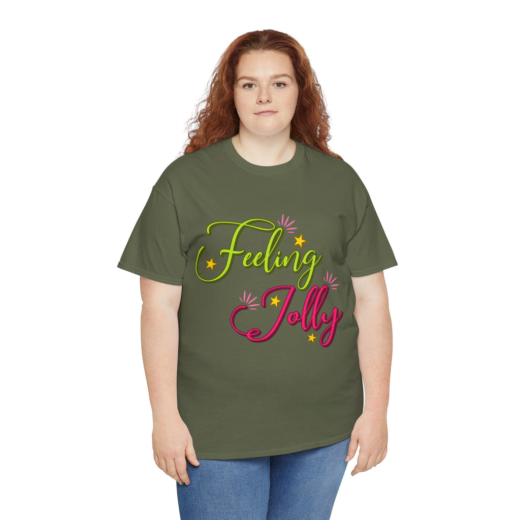 Feeling Jolly Tee — Festive Green & Pink Script with Yellow Stars Unisex Cotton Tee