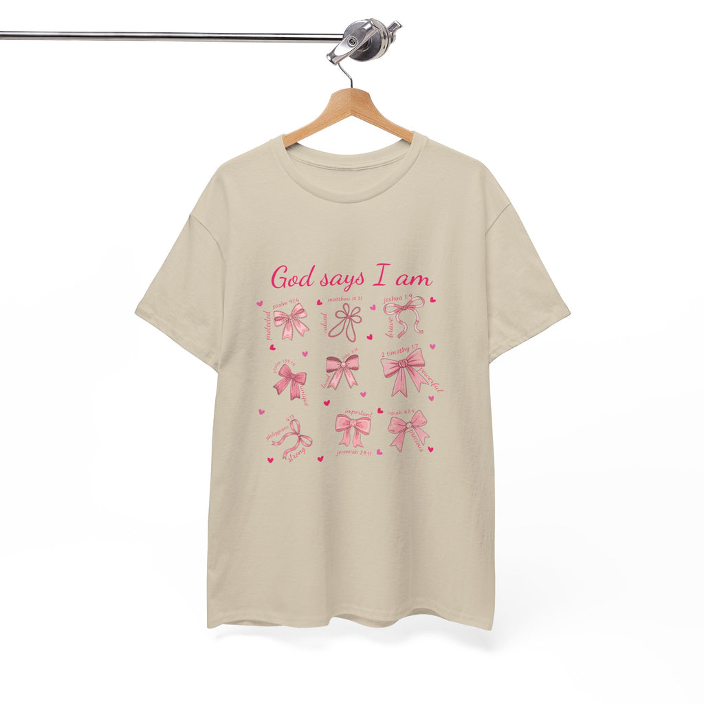 God Says I Am Pink Bow Tee — Faith-Based 'Loved, Brave, Strong' Unisex Cotton Shirt