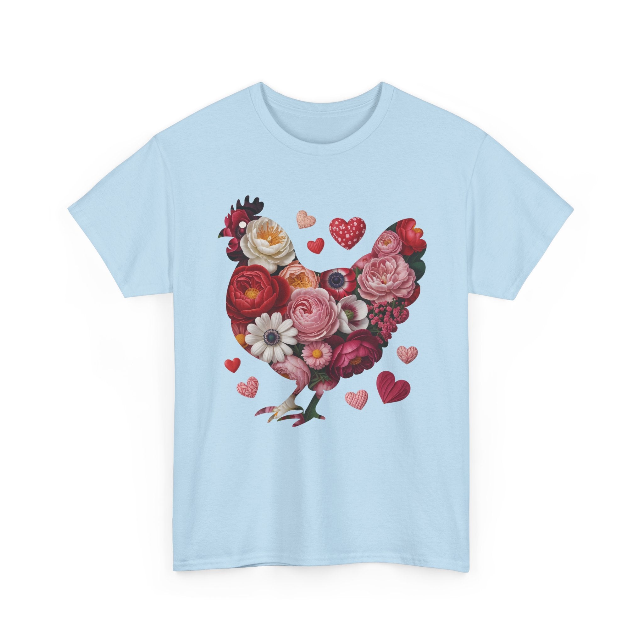 Floral Chicken Heart Tee — Red & Pink Flower Silhouette Unisex Cotton Tee