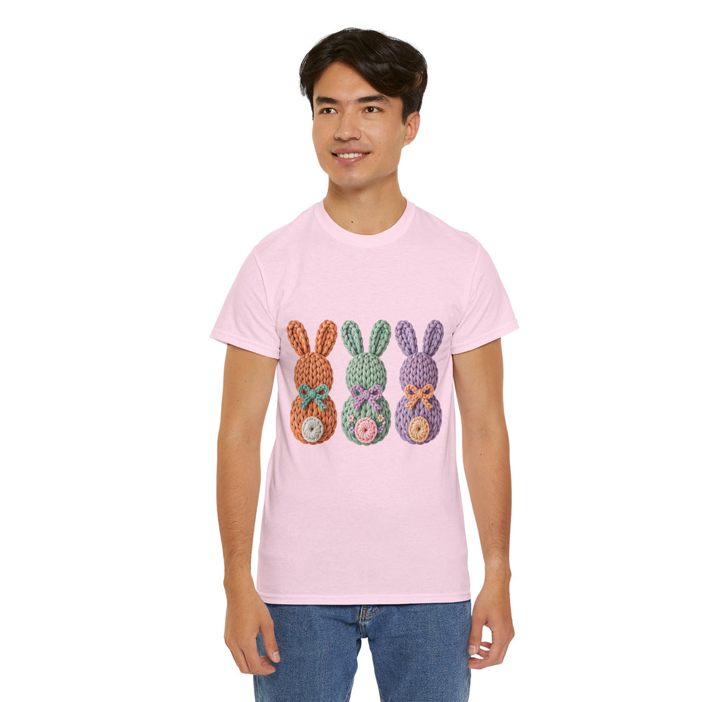 Pastel Crochet Bunny Tee — Trio of Faux Knit Bunnies with Bows & Flowers Unisex Cotton Tee