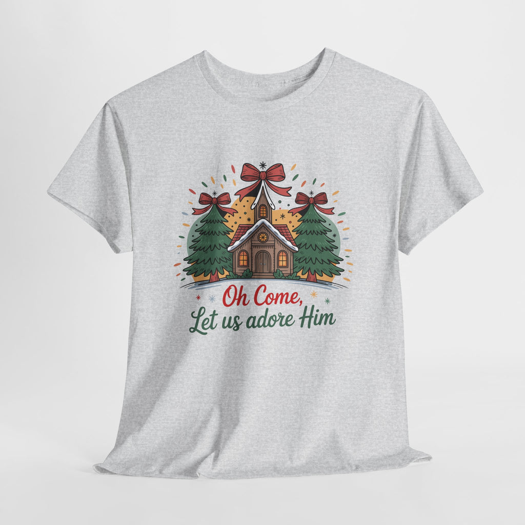 Oh Come Let Us Adore Him Christmas Tee — Church & Trees Holiday Unisex Cotton Tshirt