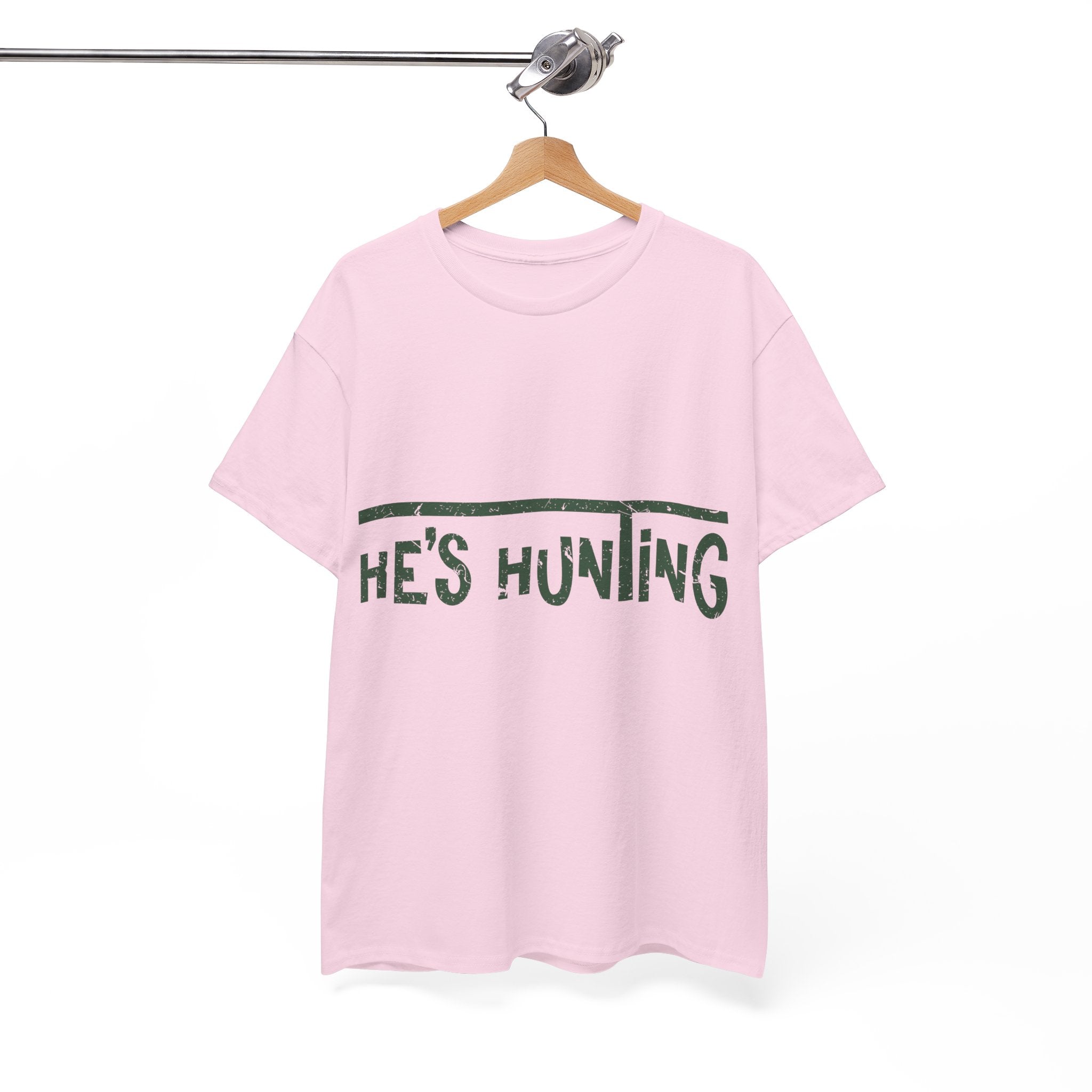 He’s Hunting Distressed Tee — Minimalist Tan Hunting Unisex Cotton Tshirt