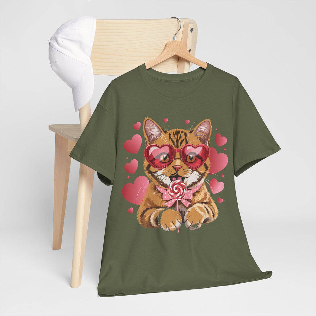 Valentine Cat Tee — Heart Glasses, Lollipop Bow Unisex Cotton Tee