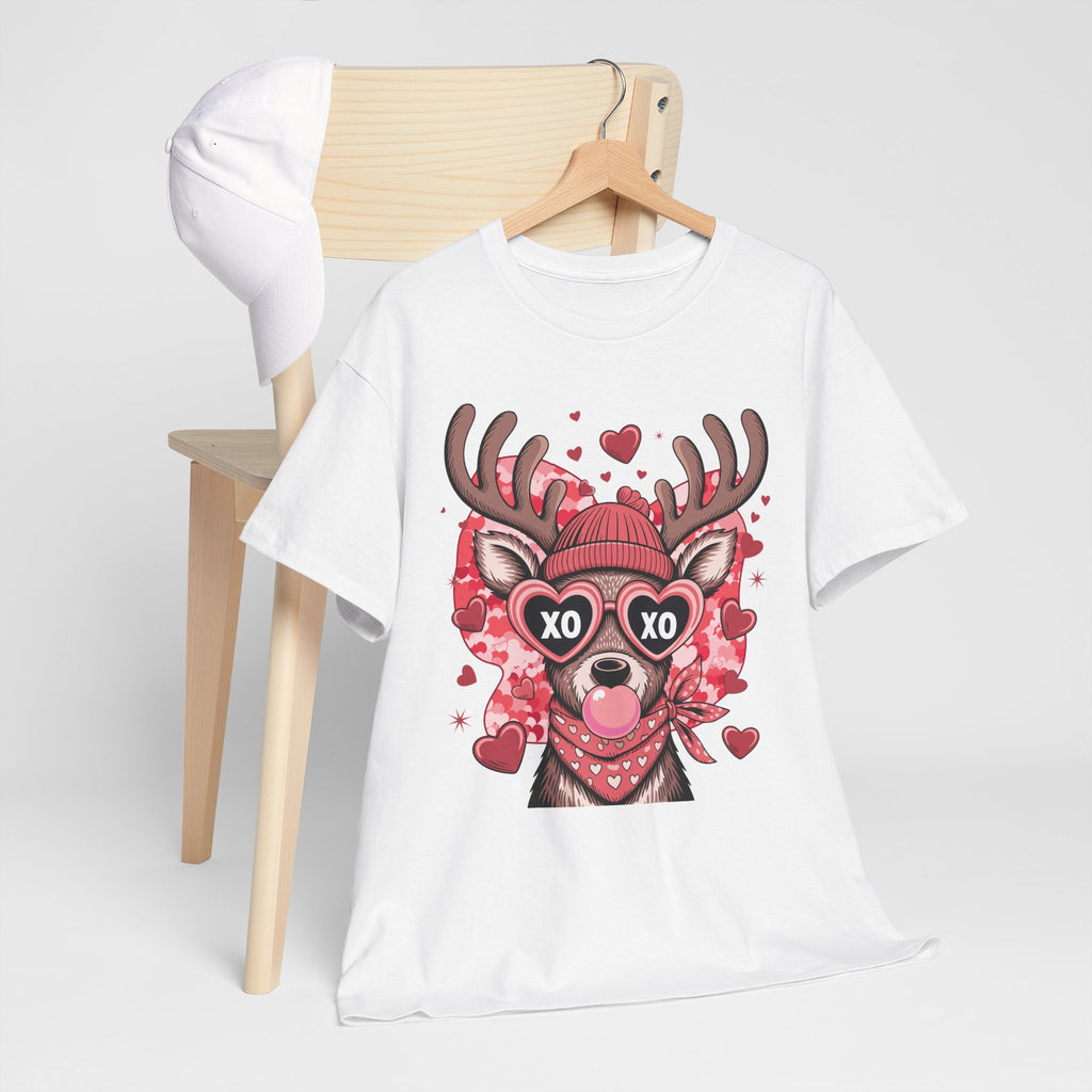 Valentine Deer Tee — Cute XO Heart Glasses, Beanie & Scarf Unisex Cotton Tshirt