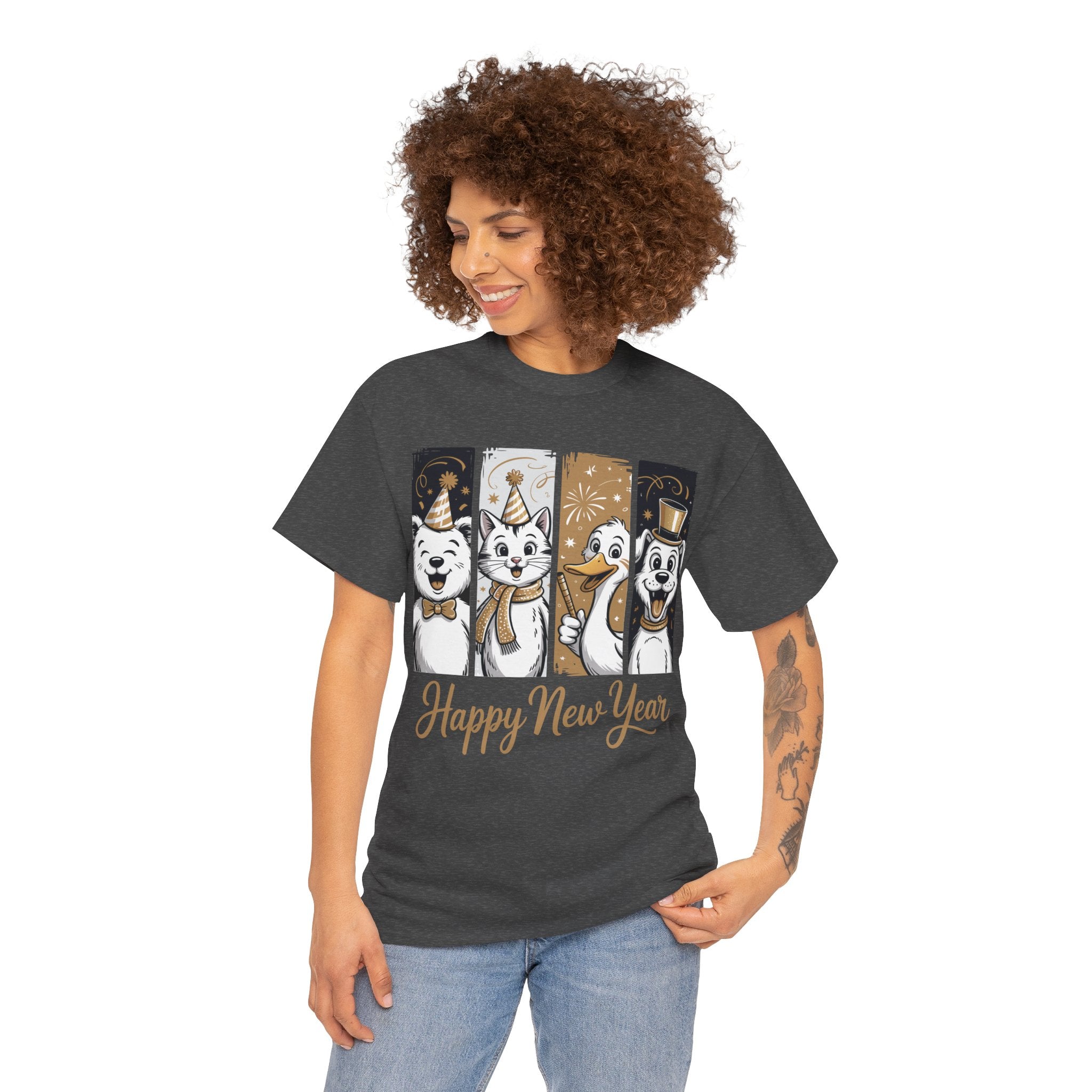 Happy New Year Party Animals T-Shirt — Cute Smiling Animals in Party Hats & Gold Fireworks..Unisex Cotton Tee