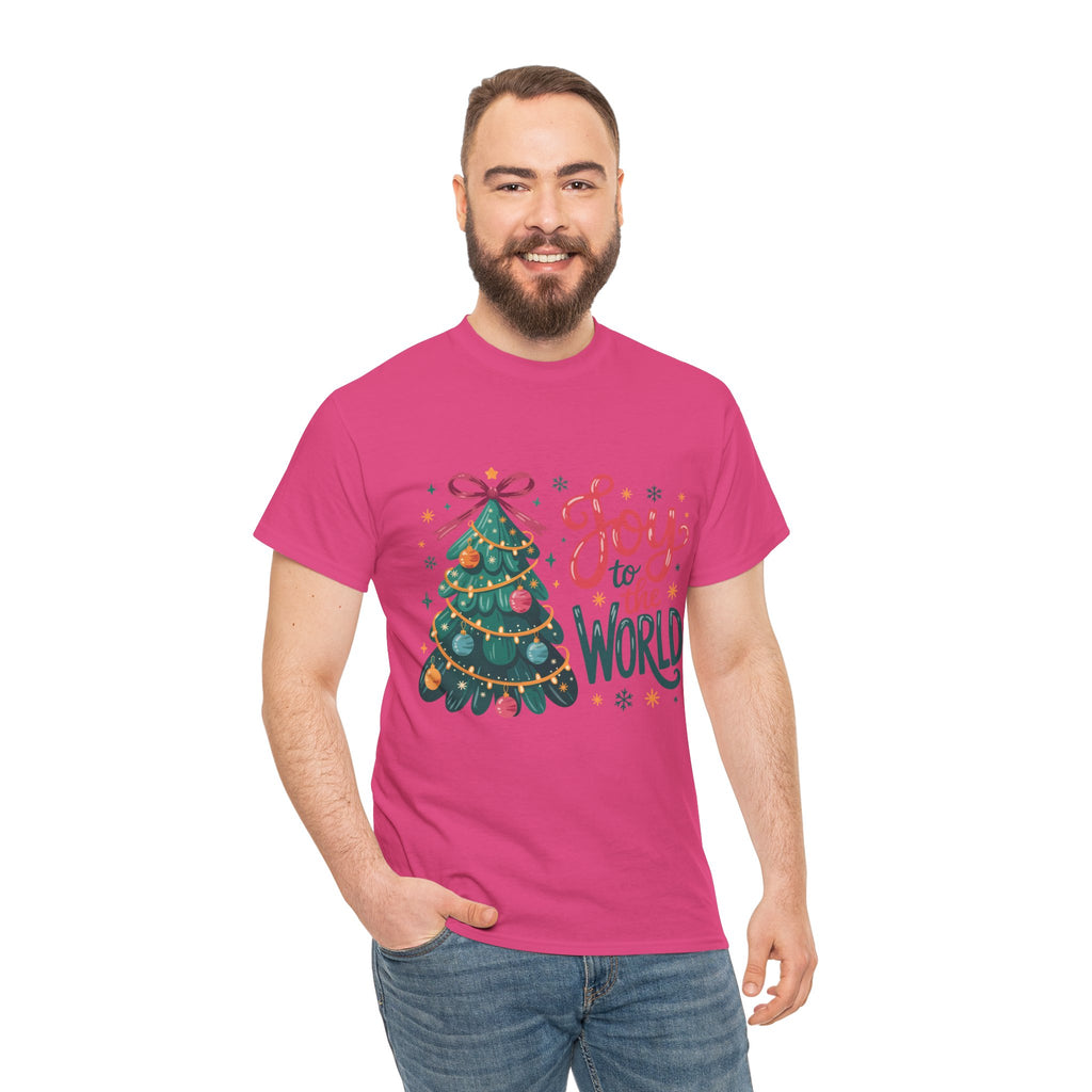 Joy to the World Christmas Tee — Festive Tree with Pink Bow..Unisex Cotton Tee