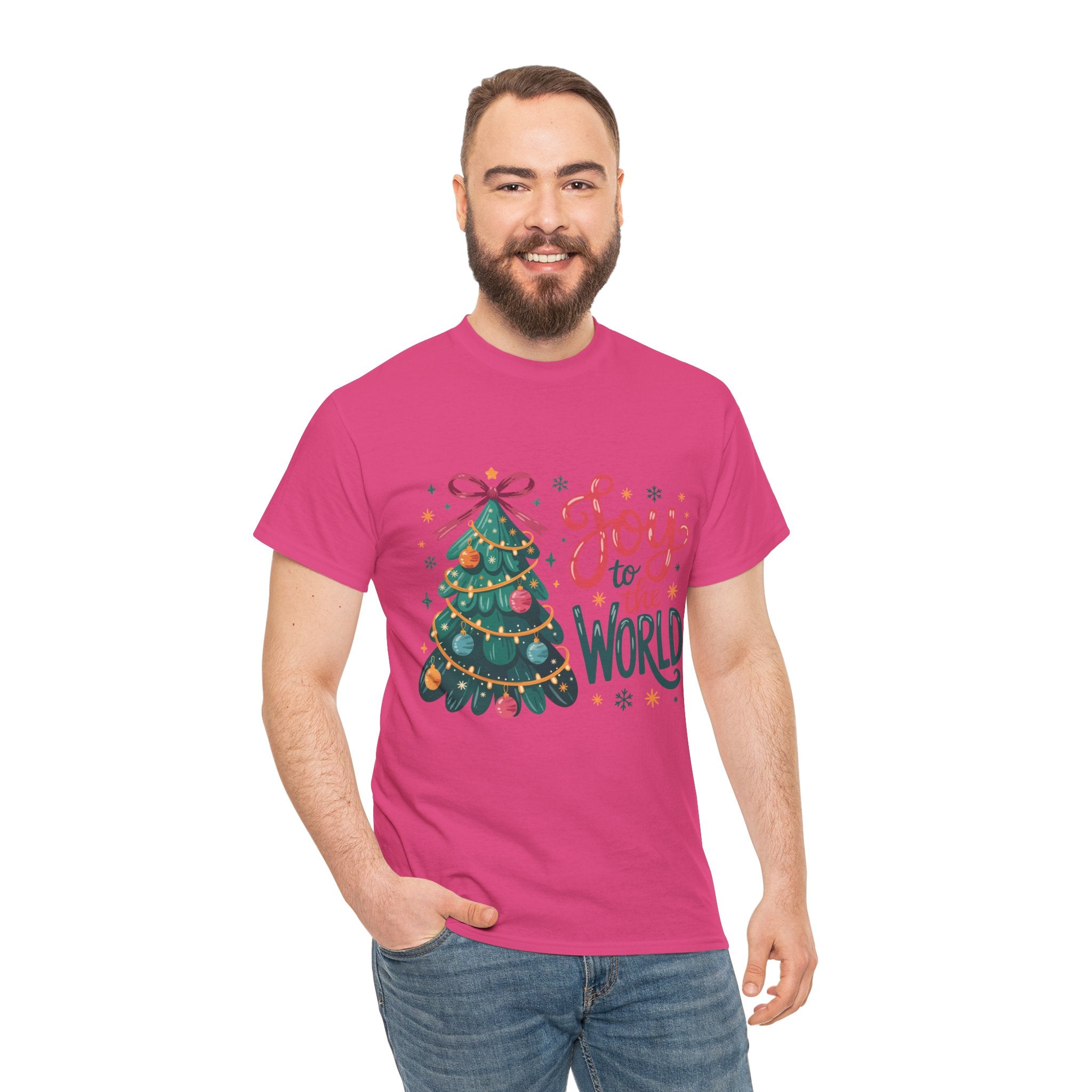 Joy to the World Christmas Tee — Festive Tree with Pink Bow..Unisex Cotton Tee