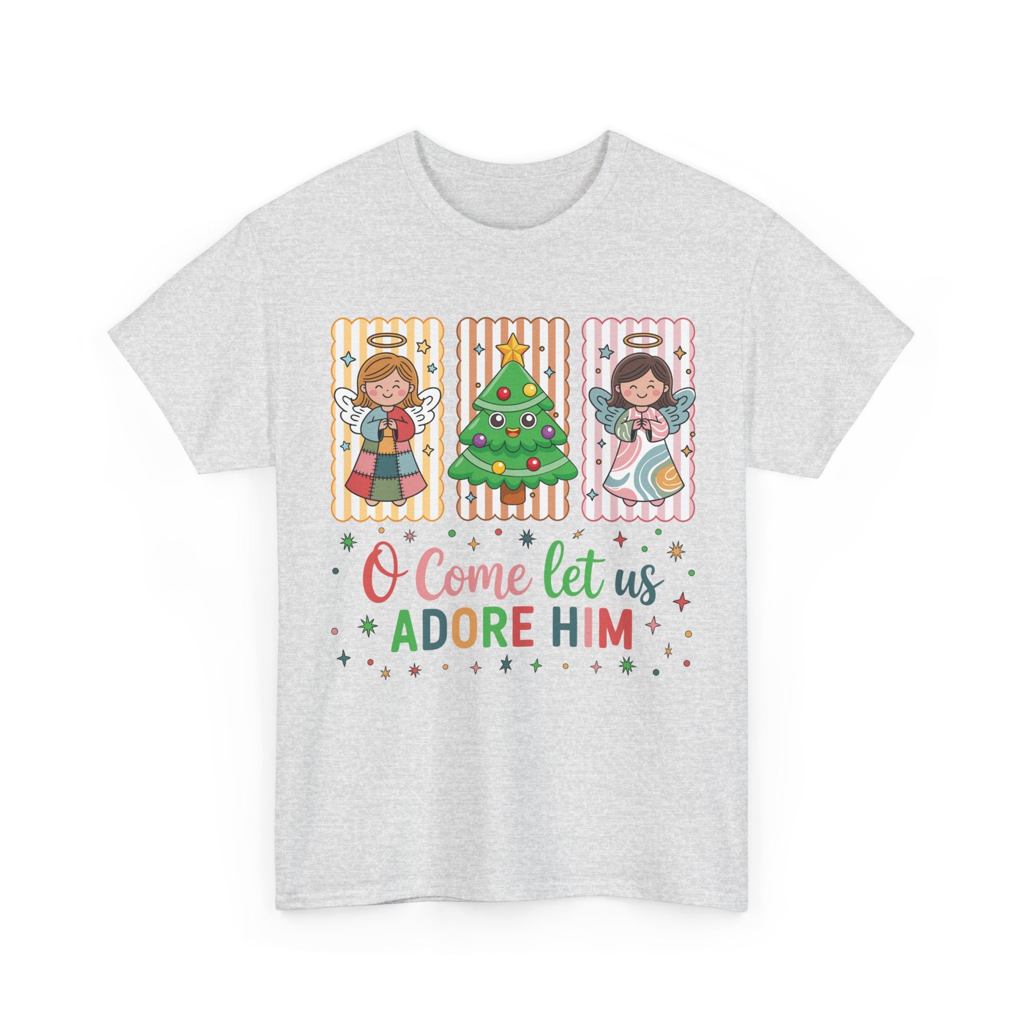 O Come Let Us Adore Him Christmas Tee — Smiling Angels & Happy Tree..Unisex Cotton Tee