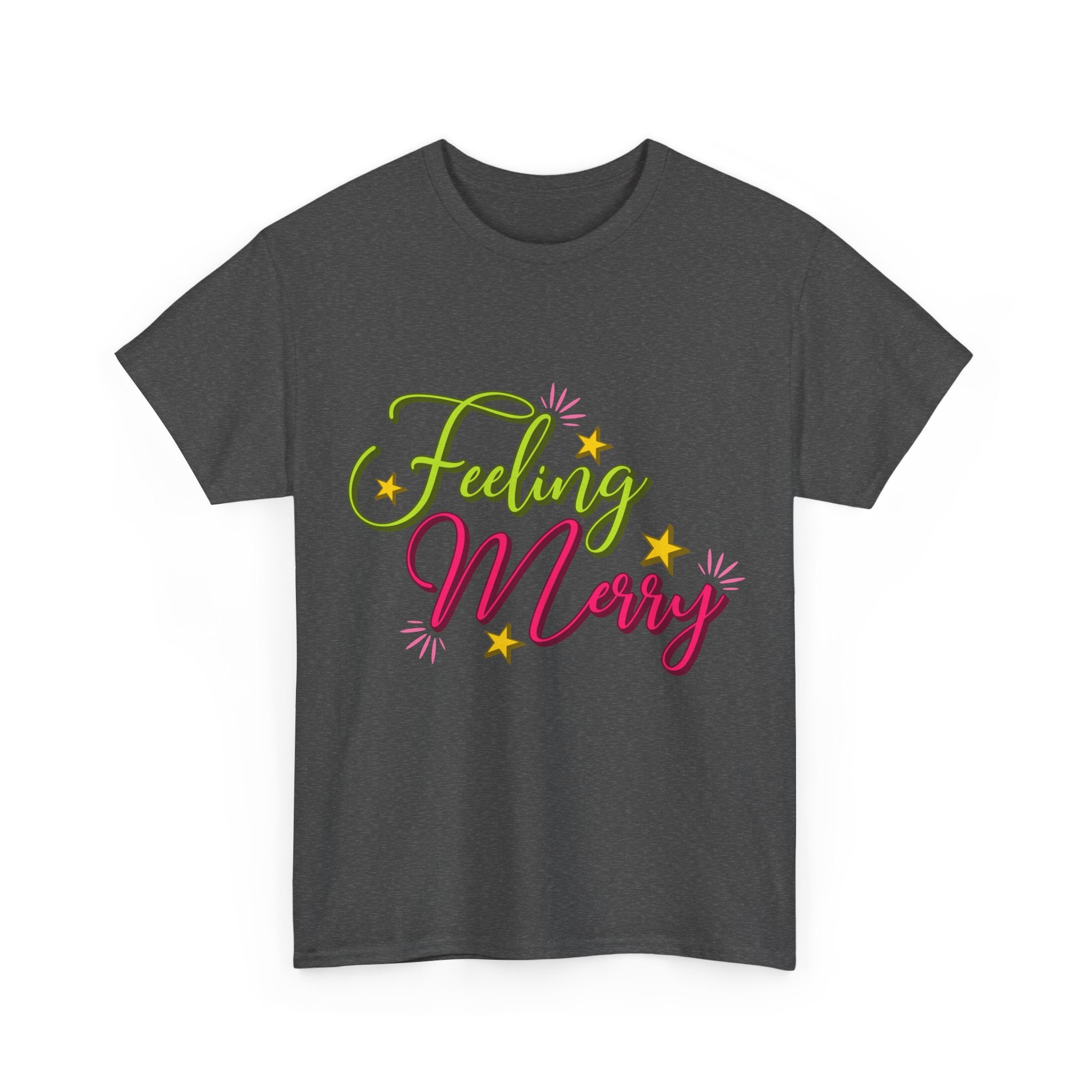 Feeling Merry T-Shirt — Bright Green & Pink Holiday Tee with Stars.Unisex Cotton Tee