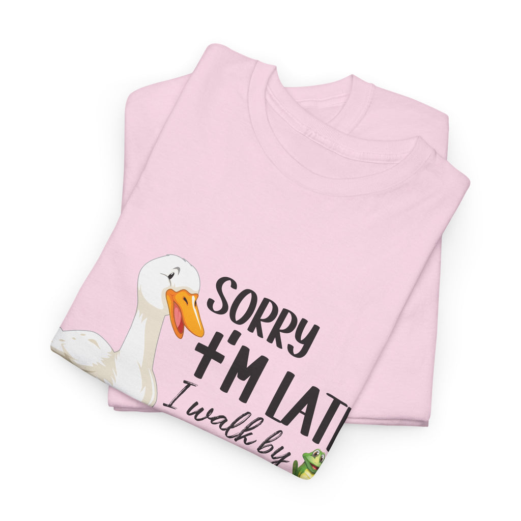 Christian Humor T-Shirt — “Sorry I’m Late, I Walk by Faith Tripping Constantly” (Duck & Frog). Unisex Cotton Tee