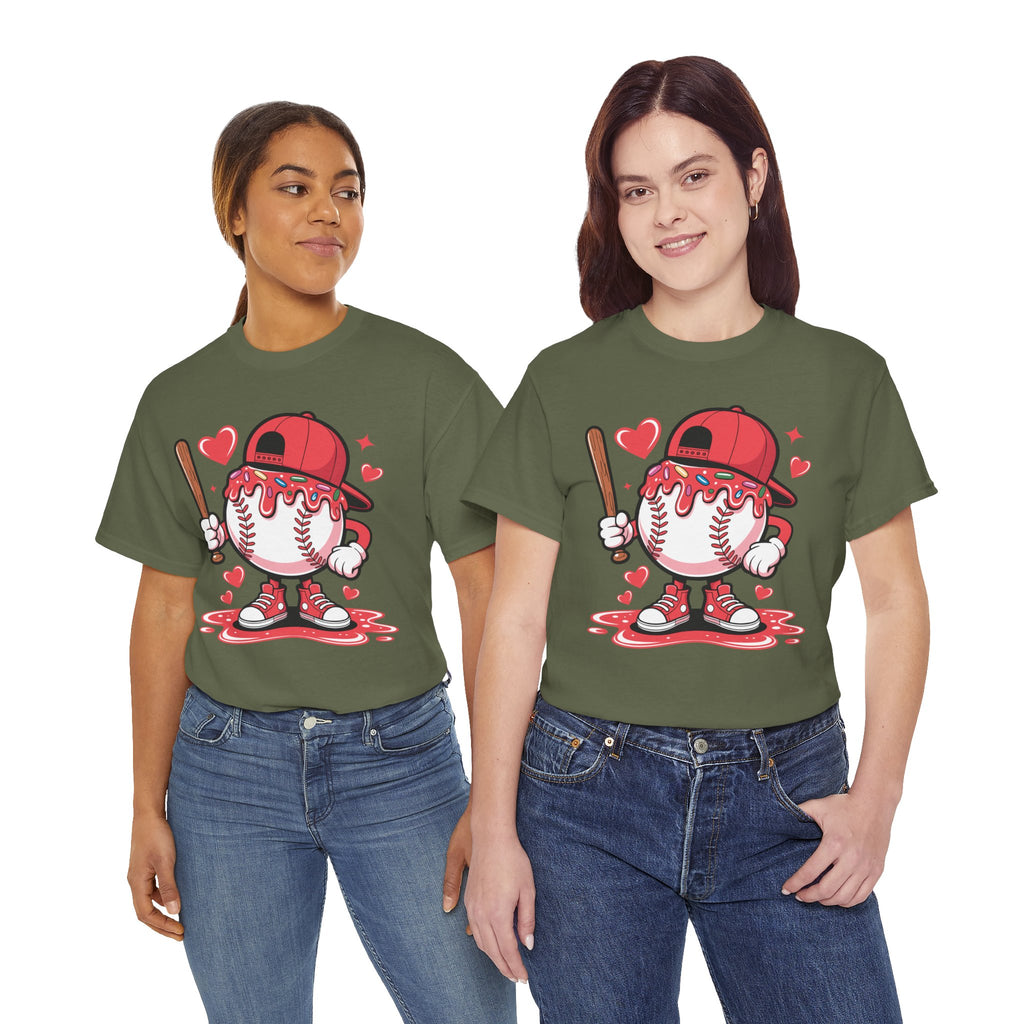 Cute Baseball Character T-Shirt — Red Cap & Icing Top Graphic with Hearts Unisex Cotton Tee