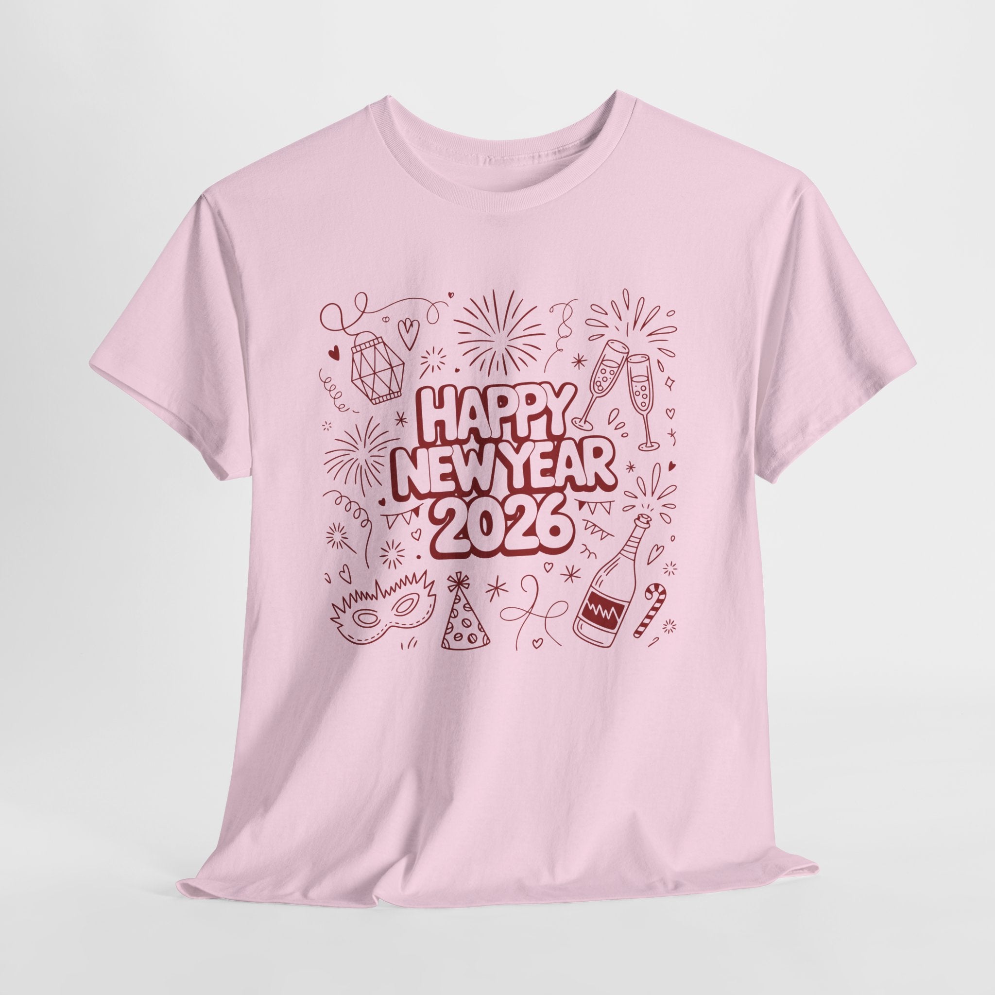 Happy New Year 2026 Doodle T-Shirt — Pink Party Icons & Champagne Unisex Cotton Tee