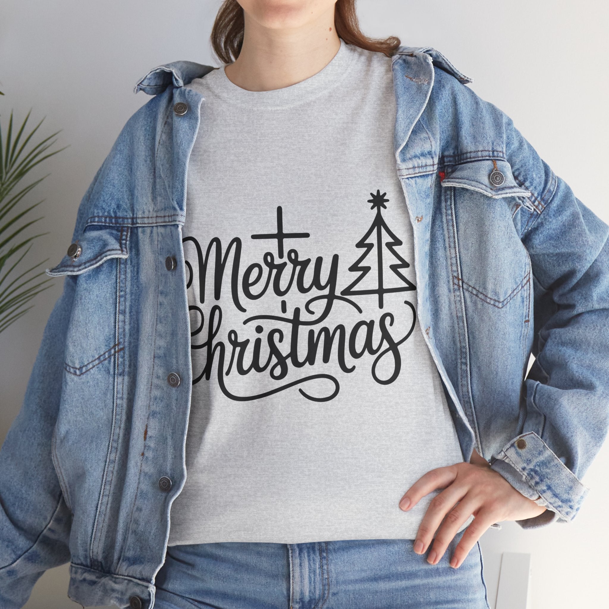 Merry Christmas Script T-Shirt with Cross & Tree(Unisex Cotton Tee)