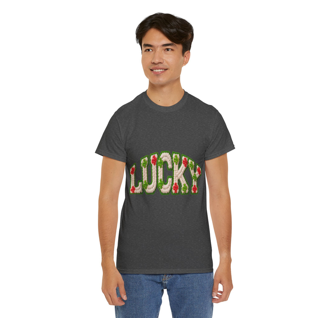 Lucky Crochet Clover T-Shirt — Faux-Yarn Embroidered St. Patrick’s Unisex Cotton Tee