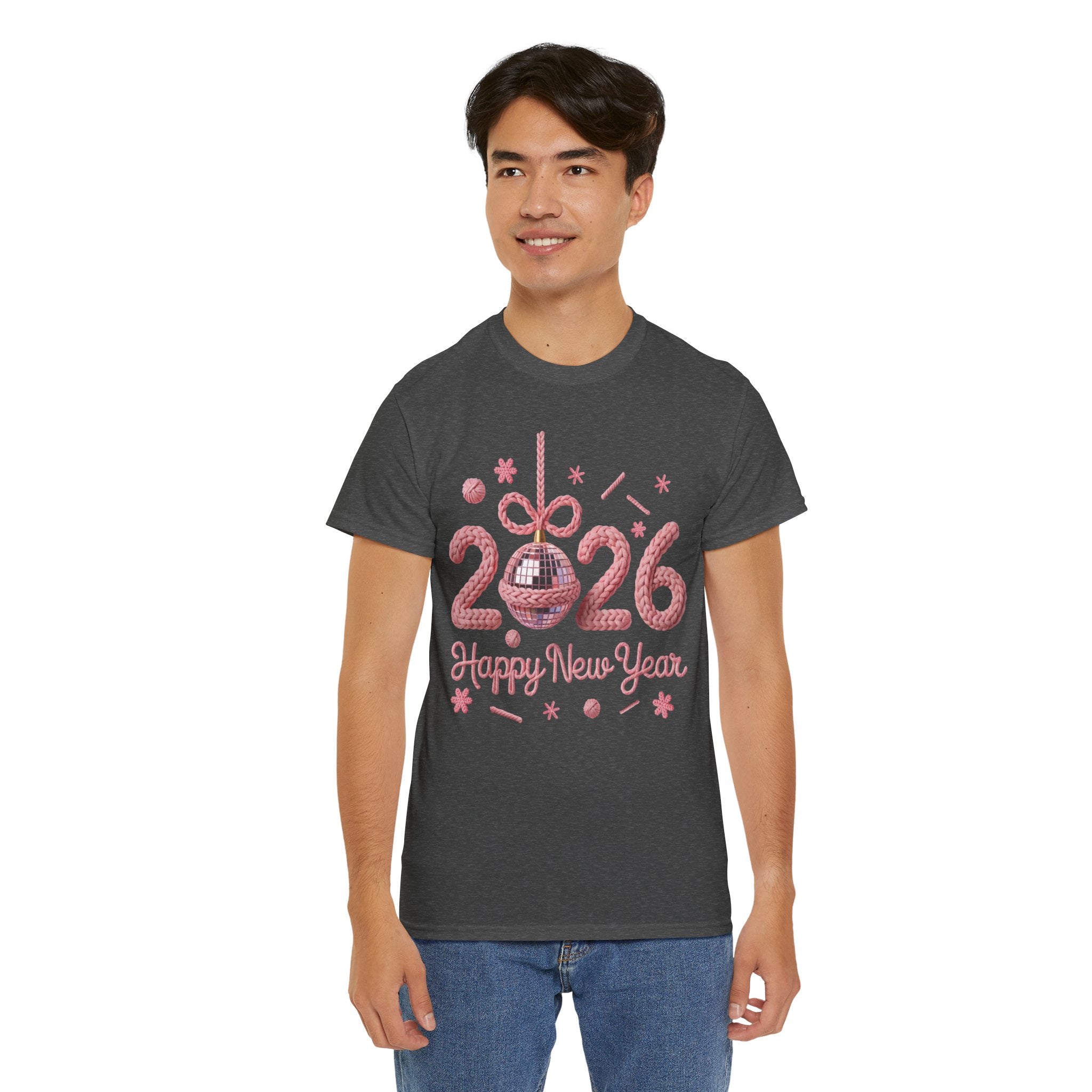 2026 Happy New Year Pink Knitted Disco Ball Unisex Cotton Tee