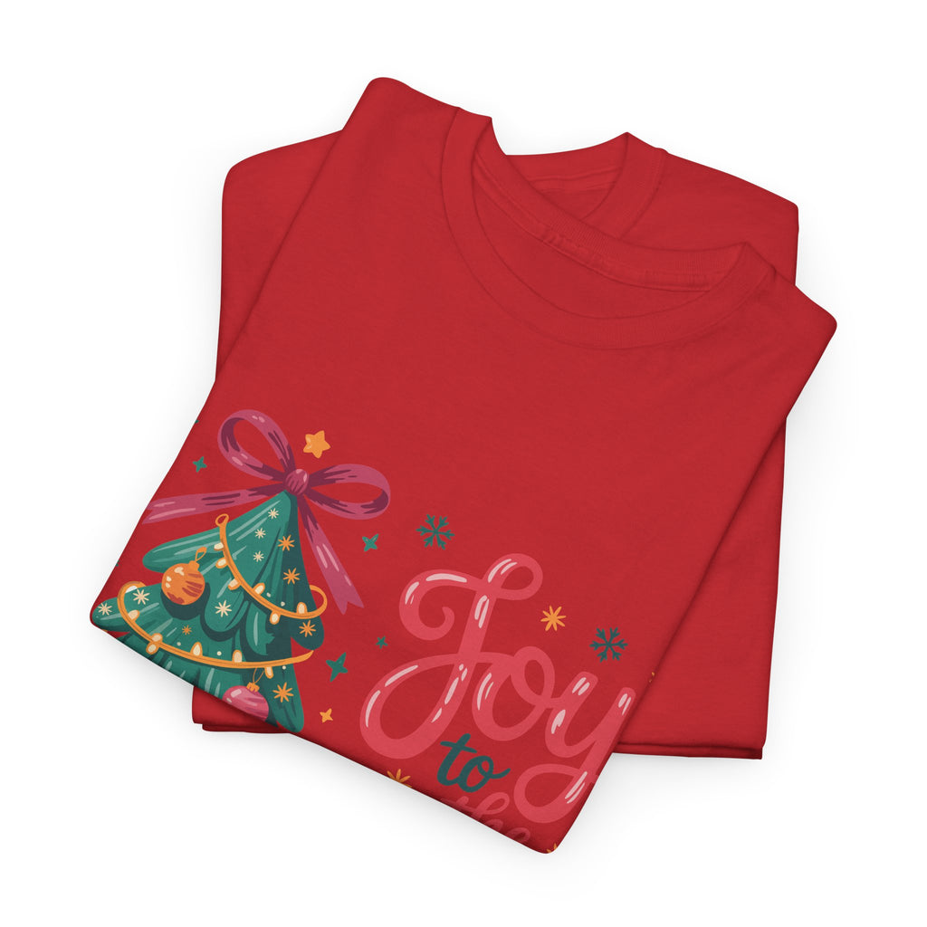 Joy to the World Christmas Tee — Festive Tree with Pink Bow..Unisex Cotton Tee