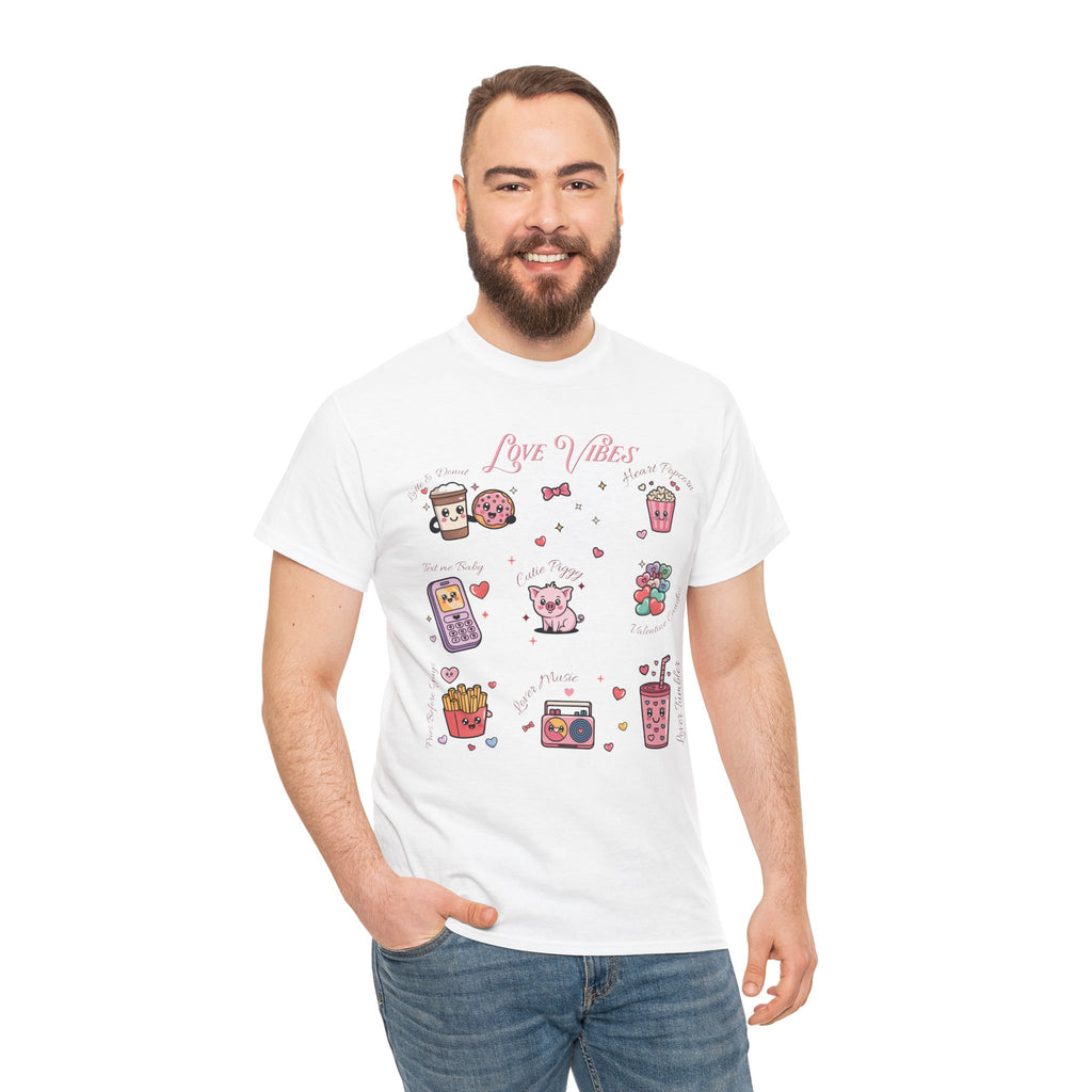 Love Vibes Kawaii Valentine T-Shirt — Cute Donut, Coffee & Piglet Design Unisex Cotton Tee