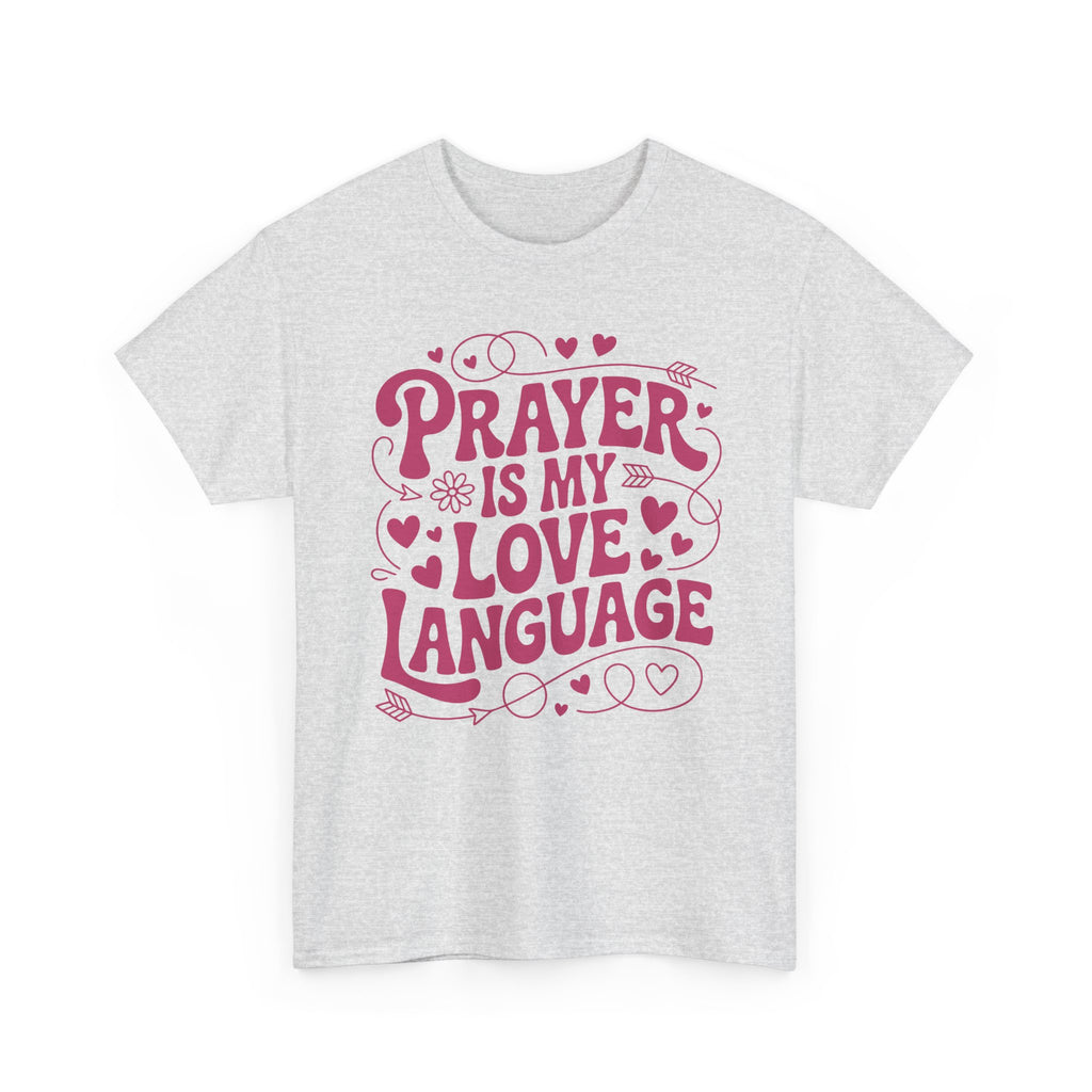 Prayer Is My Love Language Christian Tee — Pastel Pink Hearts Unisex Cotton Tee