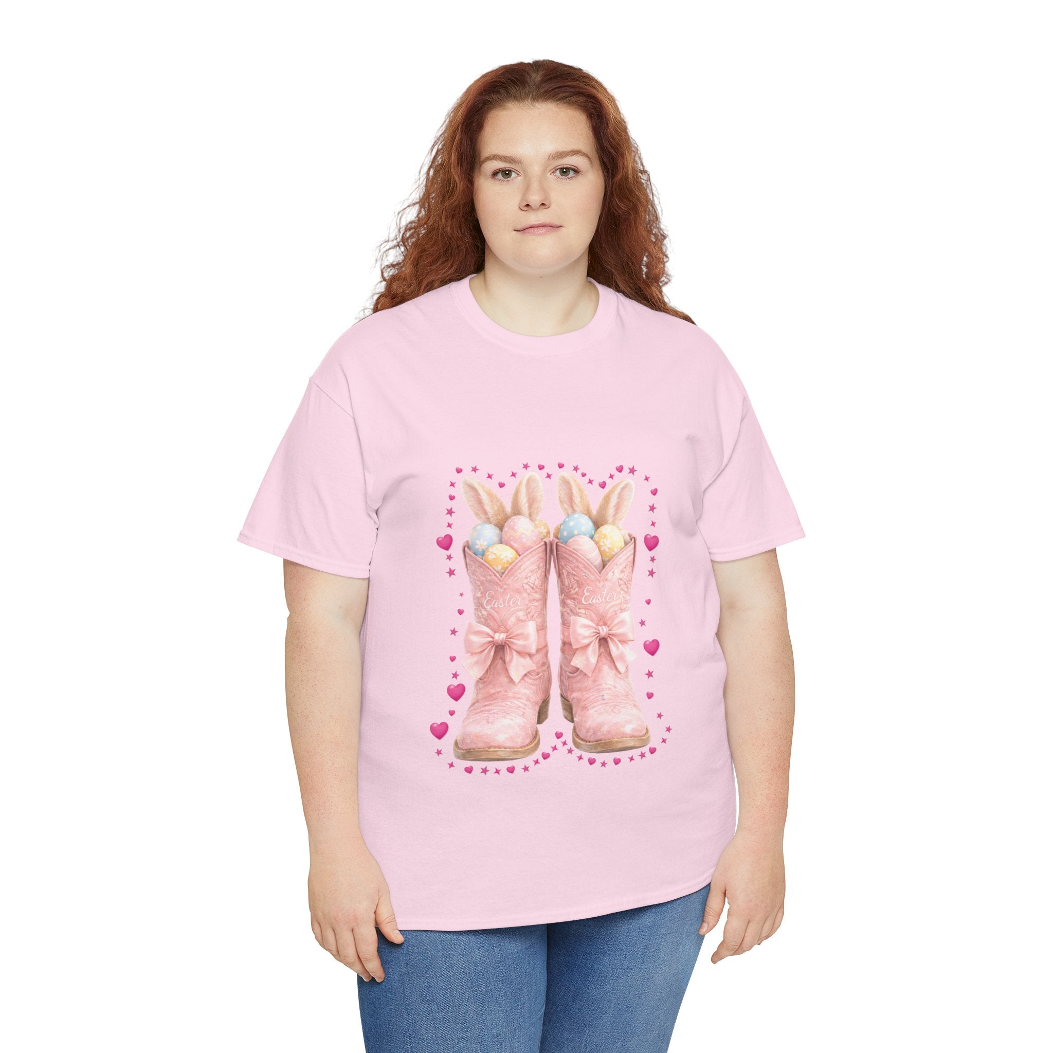 Easter Pink Western Boots Tee — Pastel Bunny Eggs & Bows Unisex Cotton Tee