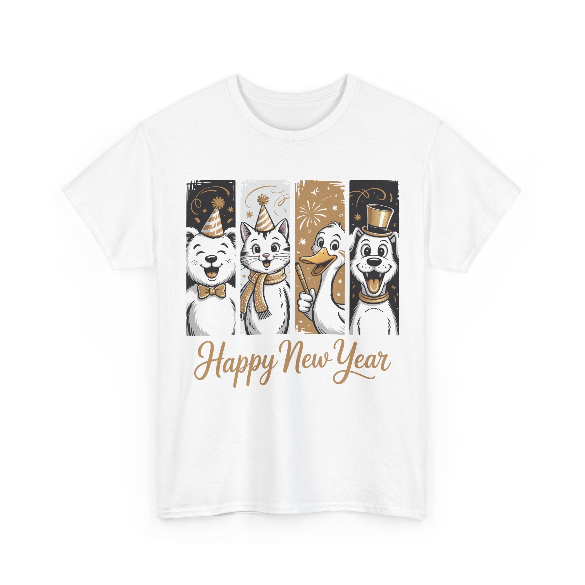 Happy New Year Party Animals T-Shirt — Cute Smiling Animals in Party Hats & Gold Fireworks..Unisex Cotton Tee