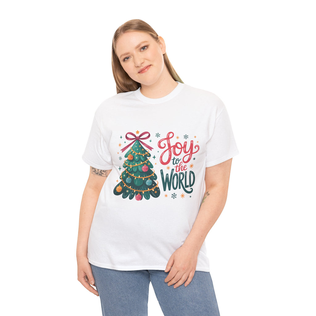 Joy to the World Christmas Tee — Festive Tree with Pink Bow..Unisex Cotton Tee