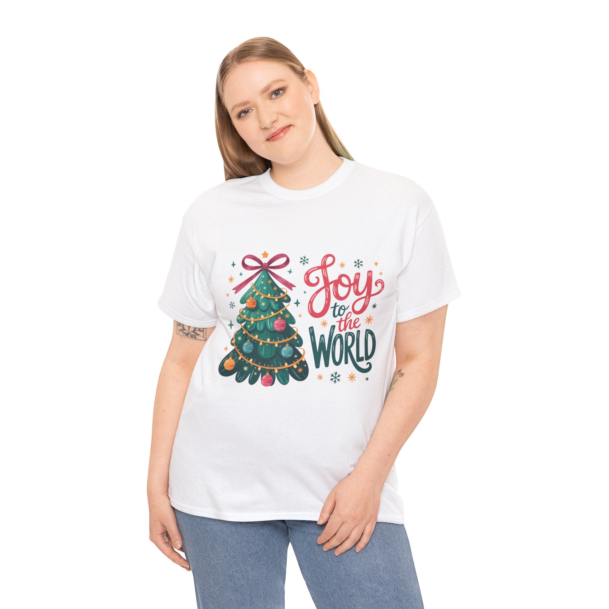 Joy to the World Christmas Tee — Festive Tree with Pink Bow..Unisex Cotton Tee