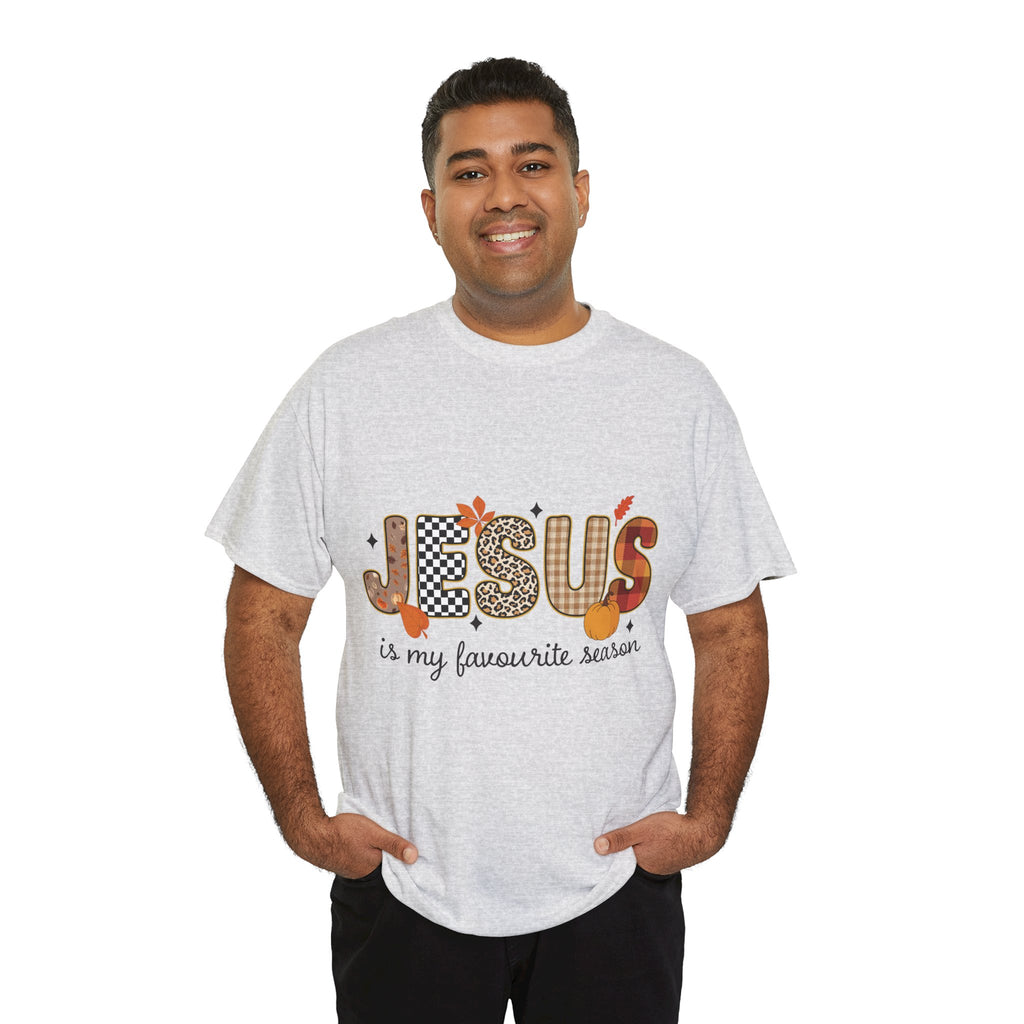 Jesus Is My Favorite Season Tee — Autumn Plaid & Leopard Lettering Unisex Cotton Tee