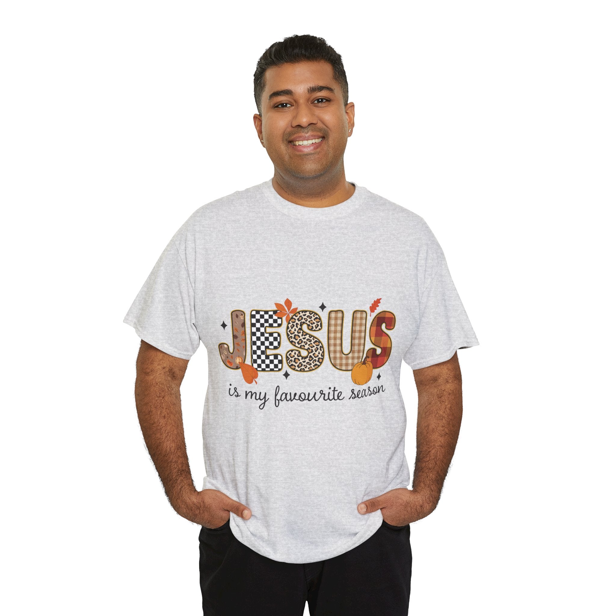 Jesus Is My Favorite Season Tee — Autumn Plaid & Leopard Lettering Unisex Cotton Tee