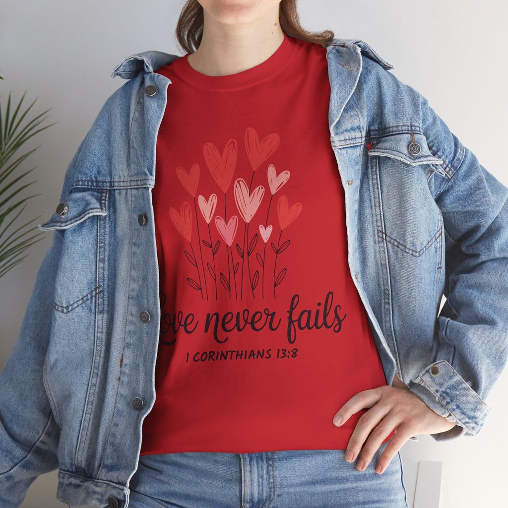 Christian Valentine T-Shirt — "Love Never Fails" (1 Corinthians 13:8) Unisex Cotton Tee