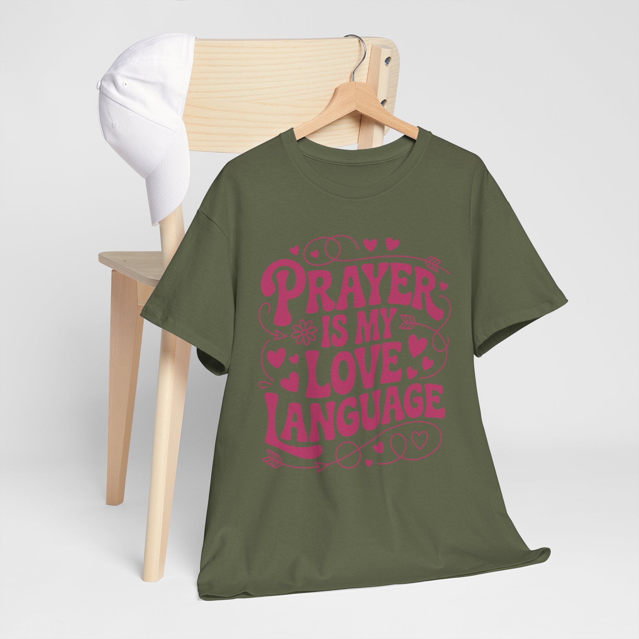 Prayer Is My Love Language Christian Tee — Pastel Pink Hearts Unisex Cotton Tee