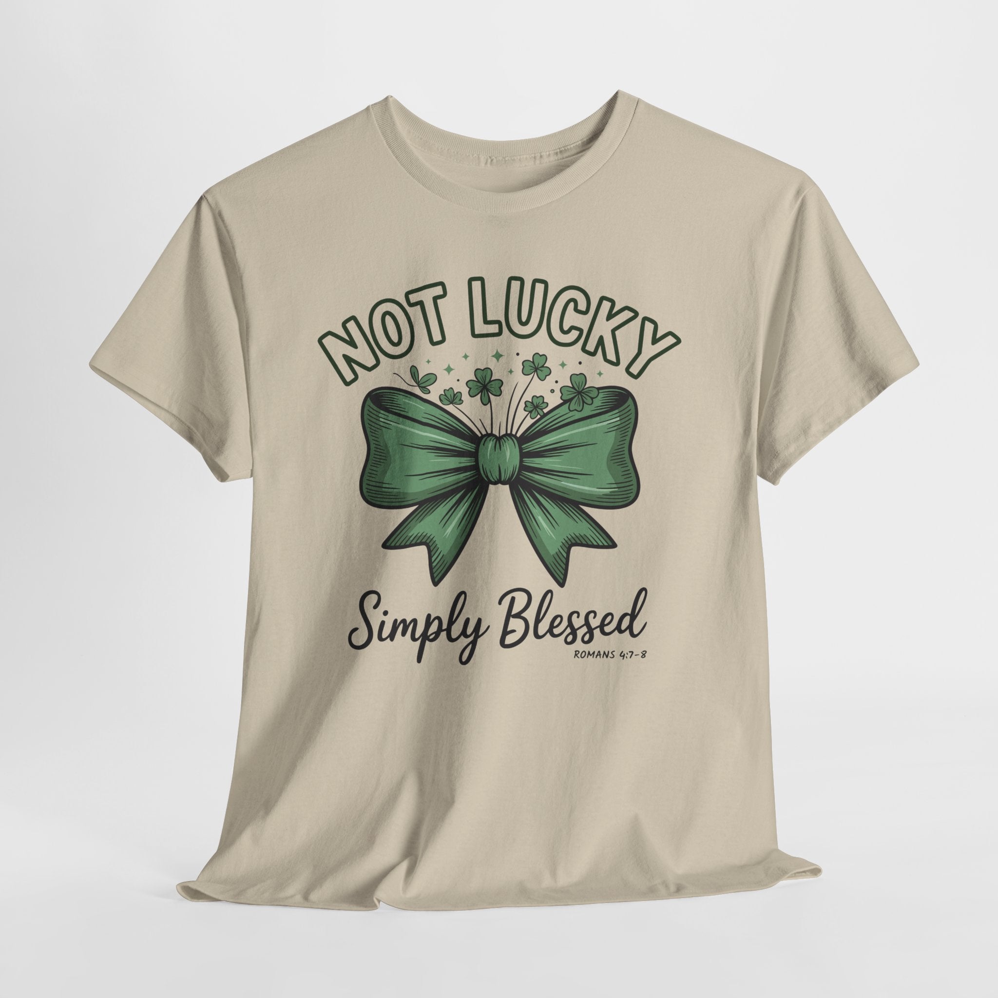 Not Lucky, Simply Blessed T-Shirt — Green Bow & Clovers St. Patrick’s Unisex Cotton Tee