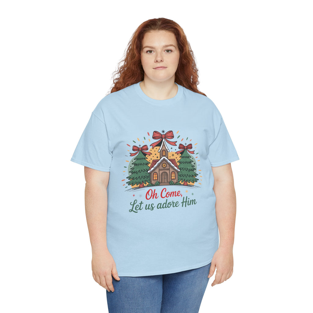 Oh Come Let Us Adore Him Christmas Tee — Church & Trees Holiday Unisex Cotton Tshirt