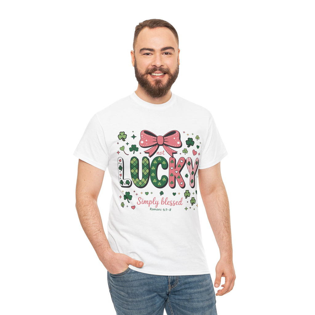 Simply Blessed Tee — “Not Lucky, Simply Blessed” with Pastel Bow, Clovers & Romans 4:7-8 Unisex Cotton Tee