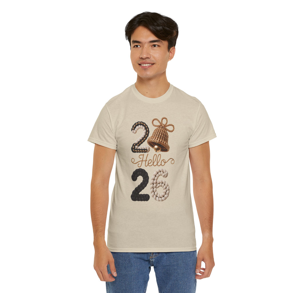 Hello 2026 Tee — Cozy Faux Yarn Braided Numbers with Woven Golden Bell..Unisex Cotton Tee