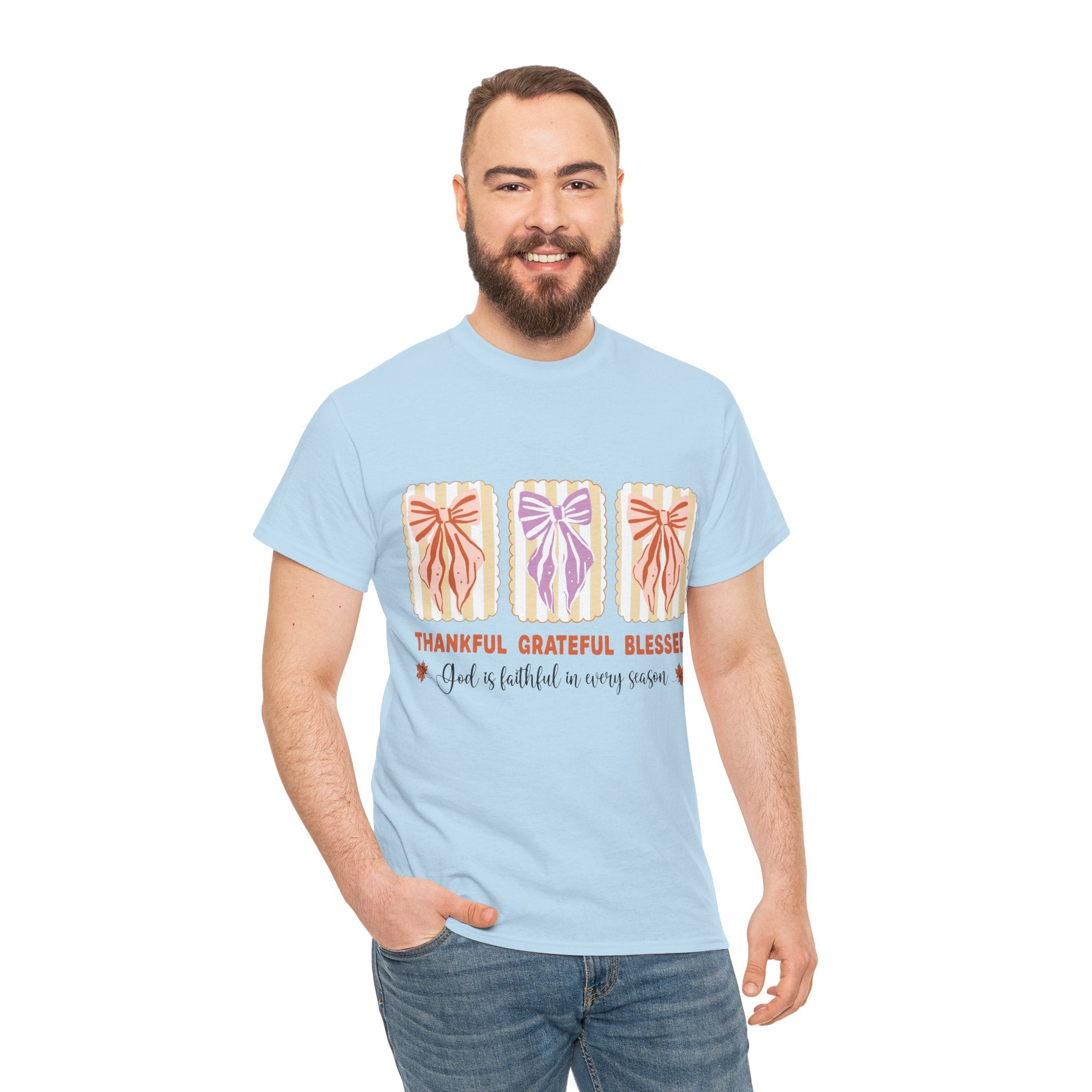 Thankful Grateful Blessed Fall Tee — God Is Faithful Pastel Bows..Unisex Cotton Tee
