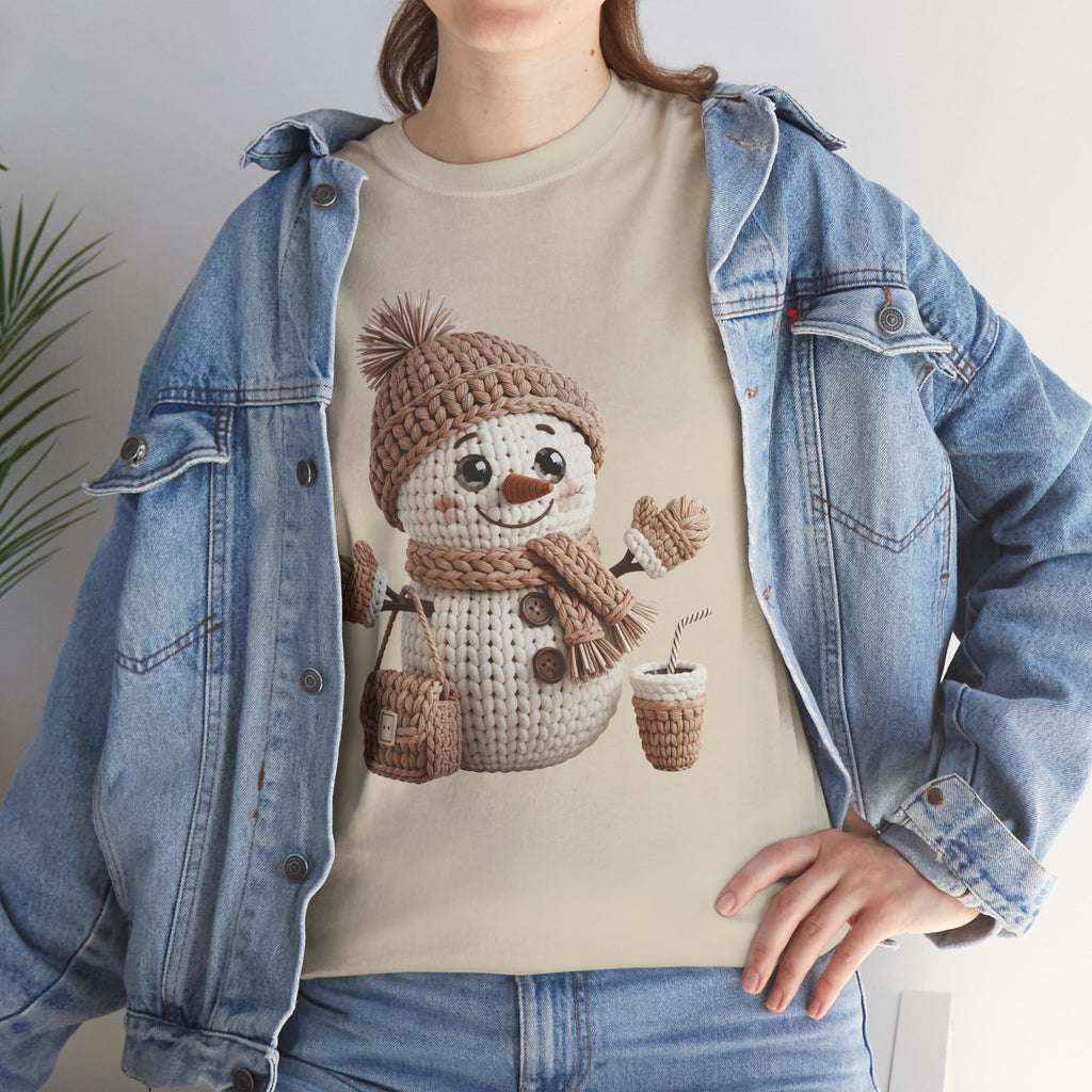 Snowman Knit‑Style Graphic Tee — Cute Faux‑Yarn Snowman with Hat, Scarf & Mittens.Unisex Cotton Tee