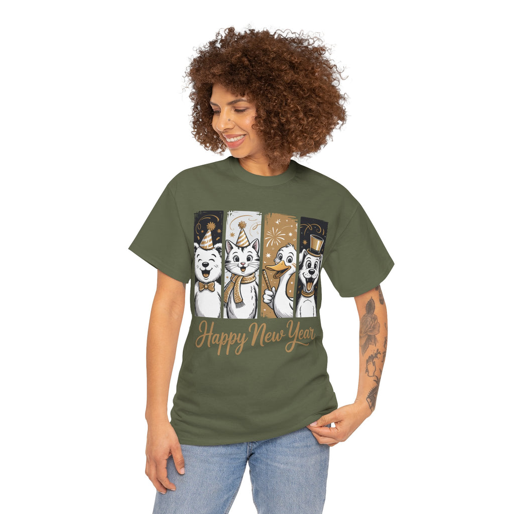 Happy New Year Party Animals T-Shirt — Cute Smiling Animals in Party Hats & Gold Fireworks..Unisex Cotton Tee
