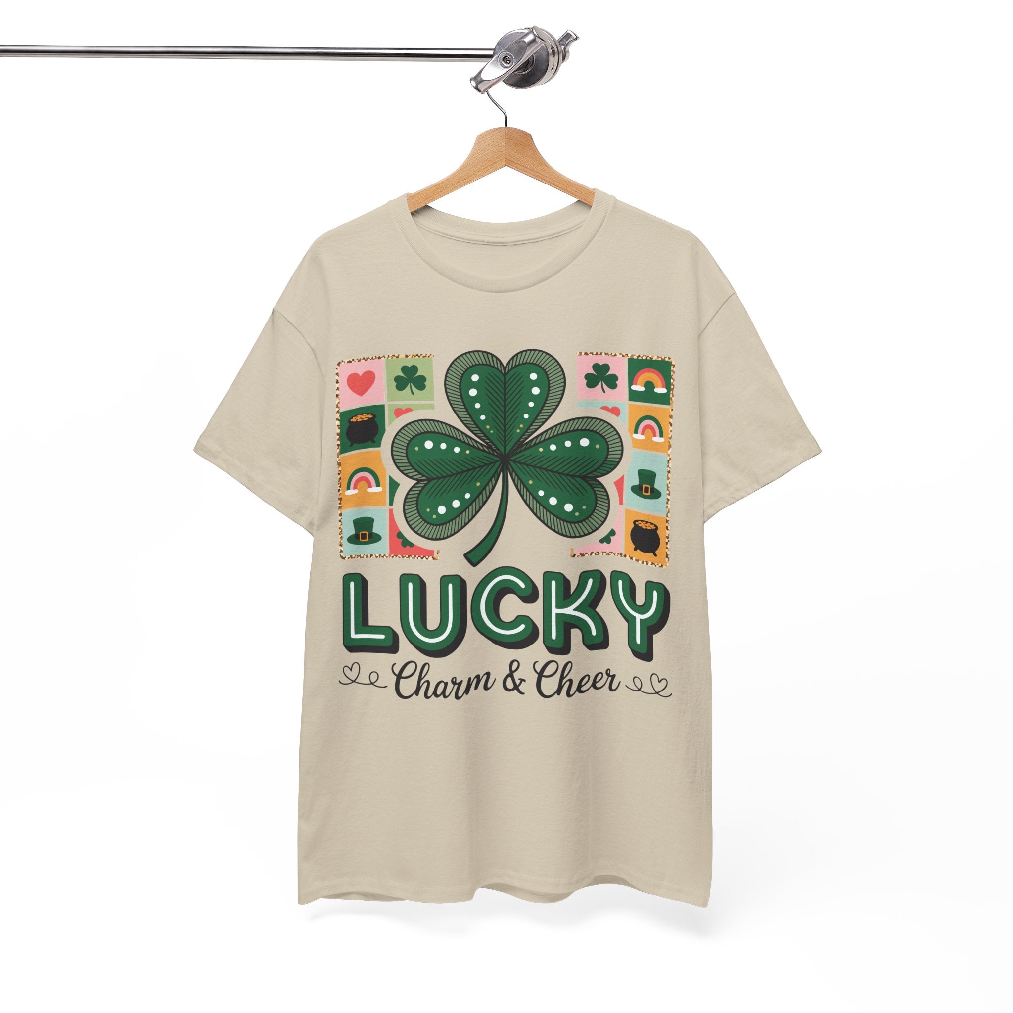 Lucky Charm & Cheer Clover Tee — Patchwork St. Patrick’s Day Unisex Cotton T-Shirt