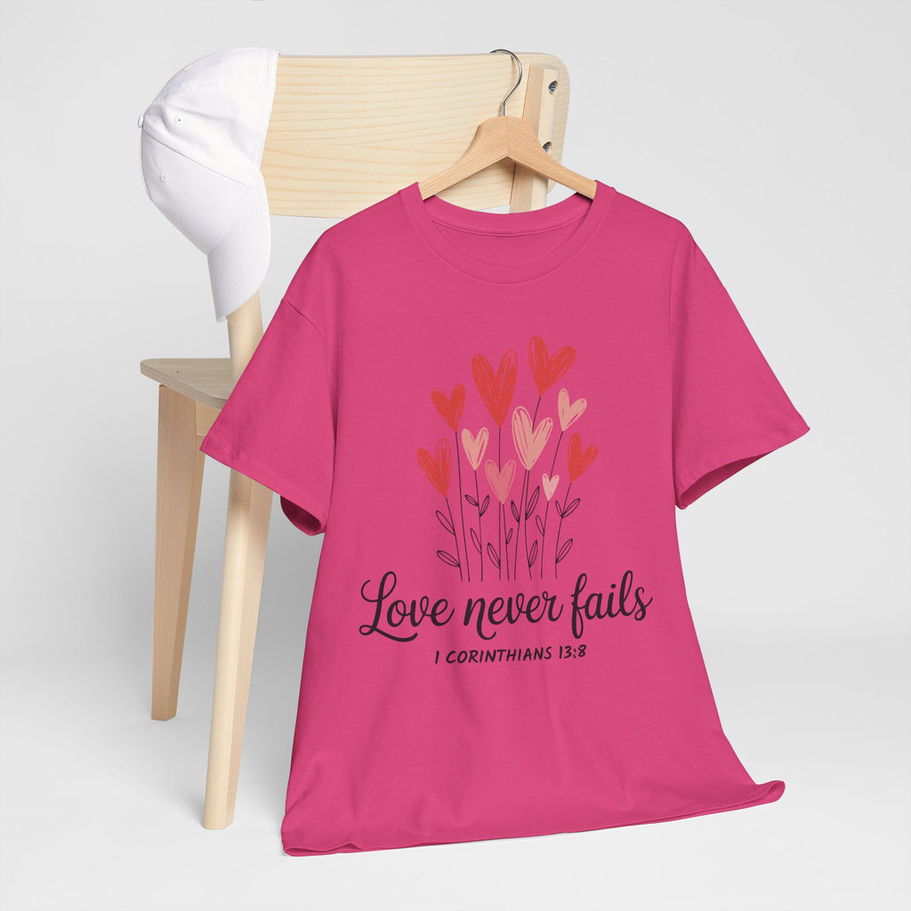 Christian Valentine T-Shirt — "Love Never Fails" (1 Corinthians 13:8) Unisex Cotton Tee