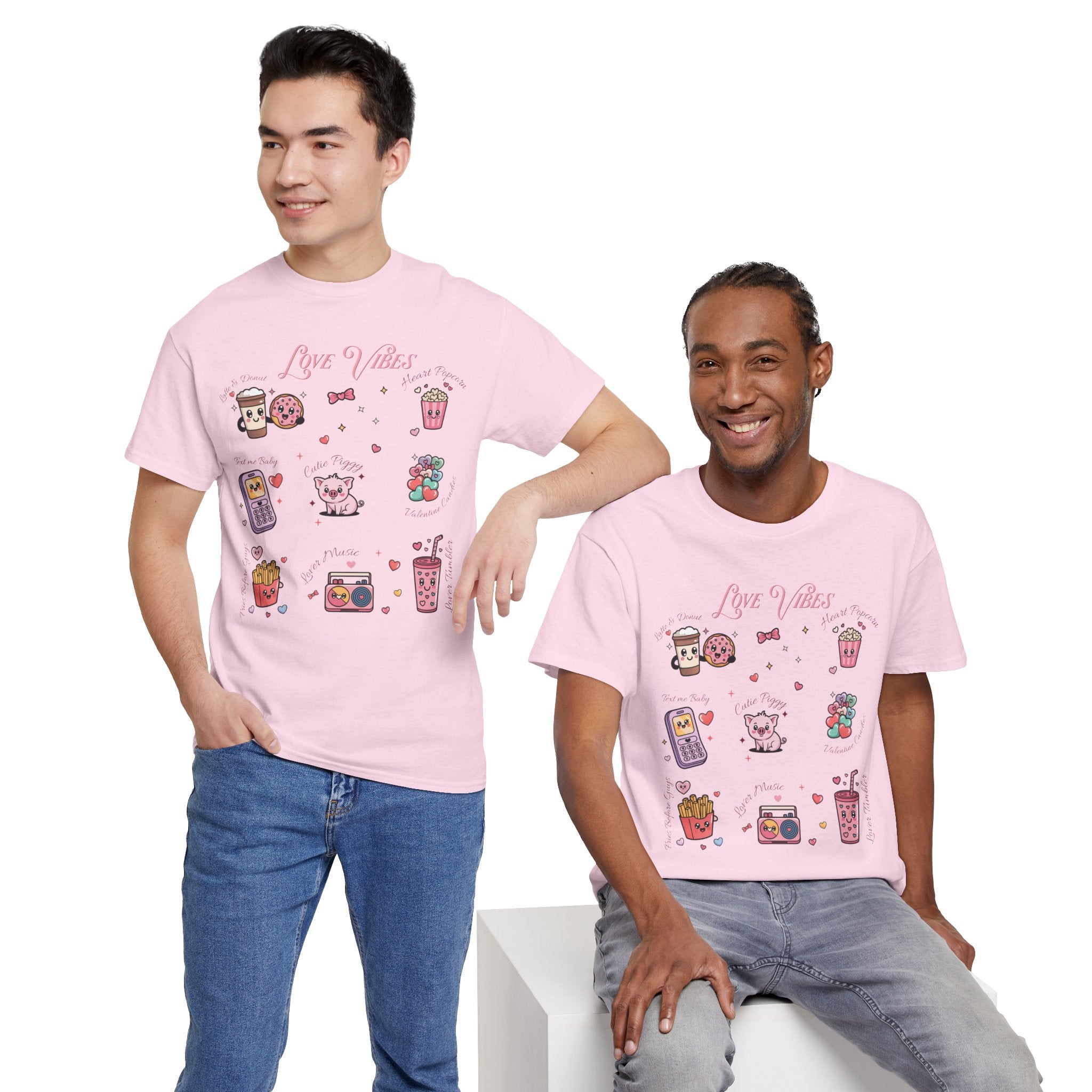 Love Vibes Kawaii Valentine T-Shirt — Cute Donut, Coffee & Piglet Design Unisex Cotton Tee