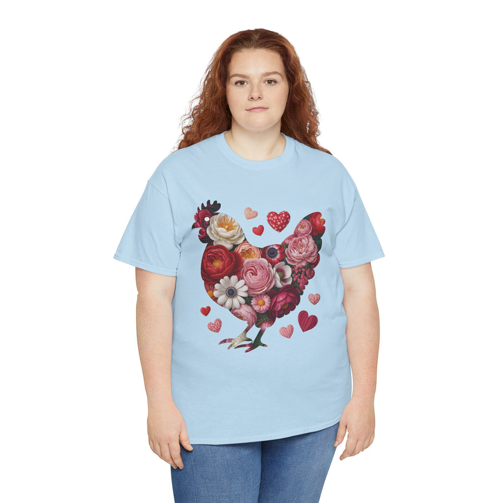 Floral Chicken Heart Tee — Red & Pink Flower Silhouette Unisex Cotton Tee