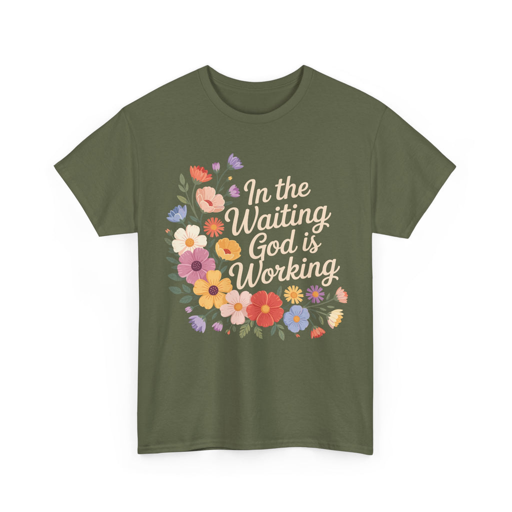Pastel Floral “In the Waiting God Is Working” Unisex Cotton T-Shirt