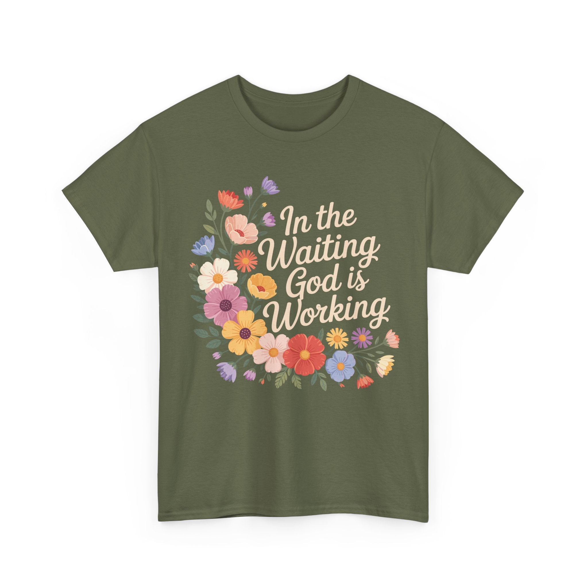 Pastel Floral “In the Waiting God Is Working” Unisex Cotton T-Shirt